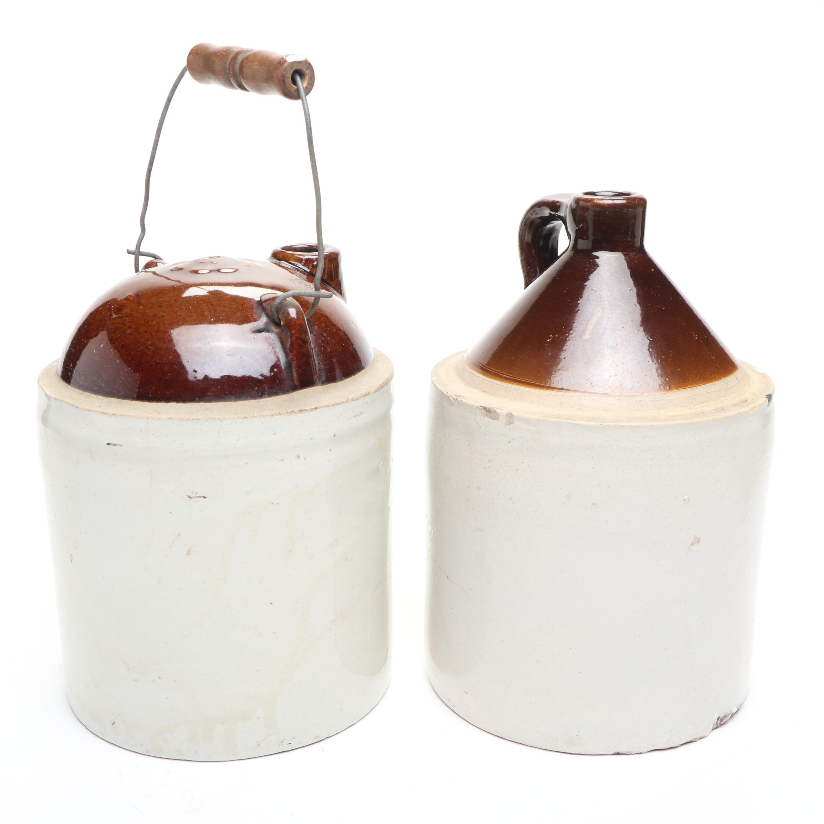 American Salt Glazed Two-Gallon Jug with Other Dip Glaze Jugs
