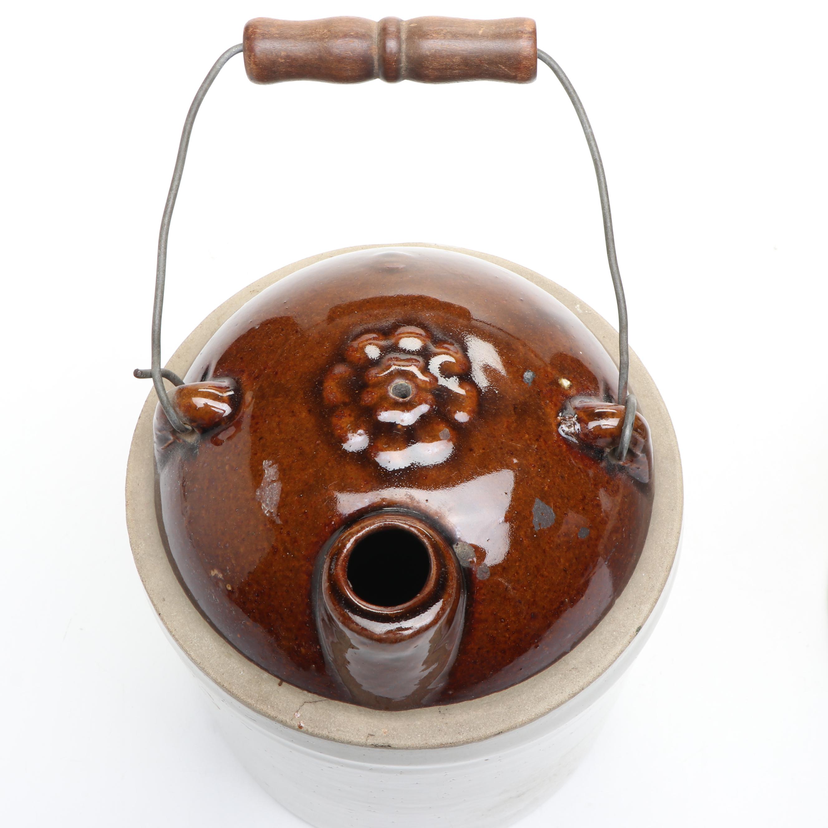 American Salt Glazed Two-Gallon Jug with Other Dip Glaze Jugs