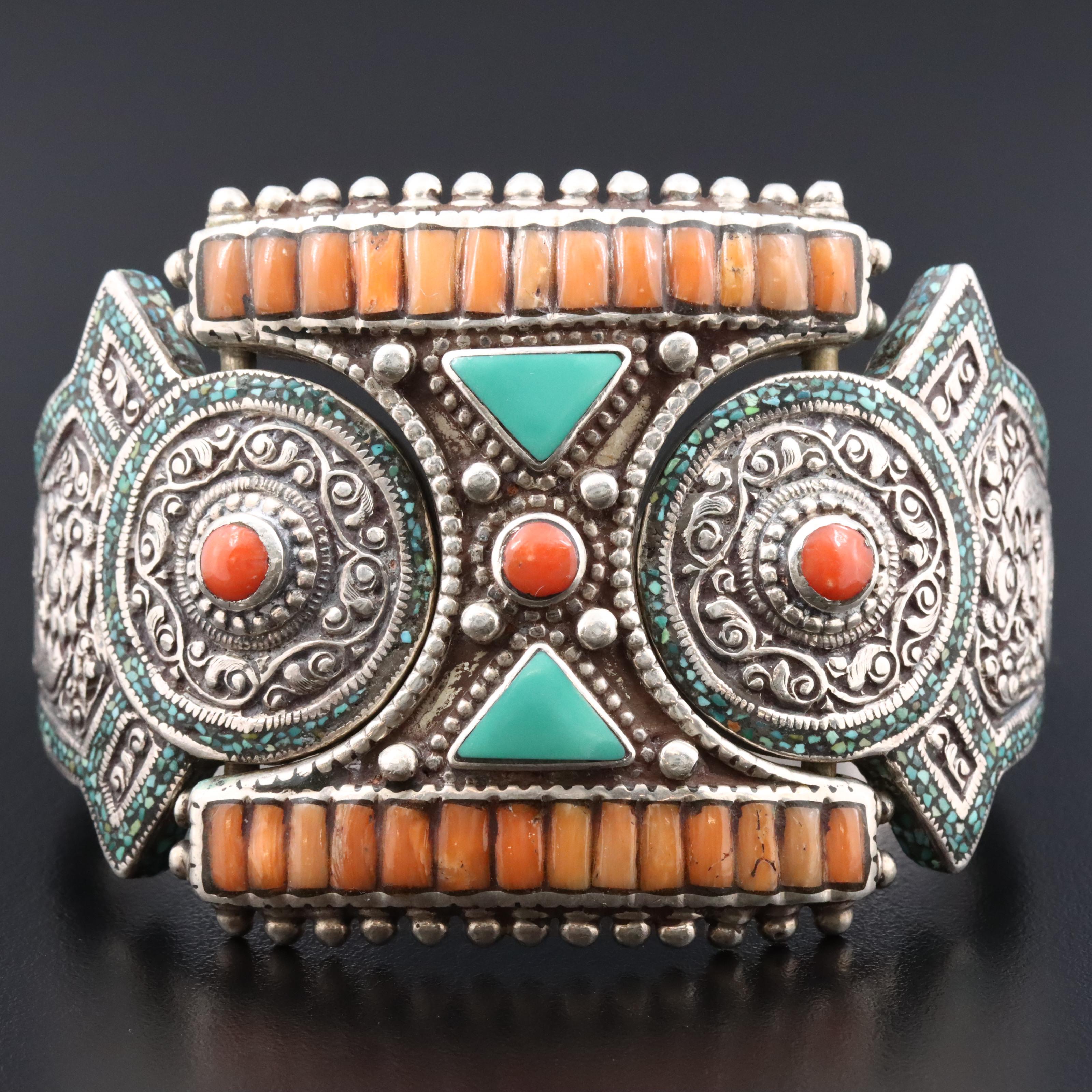 Tibetan Sterling and 800 Silver Coral and Turquoise Dragon Bracelet