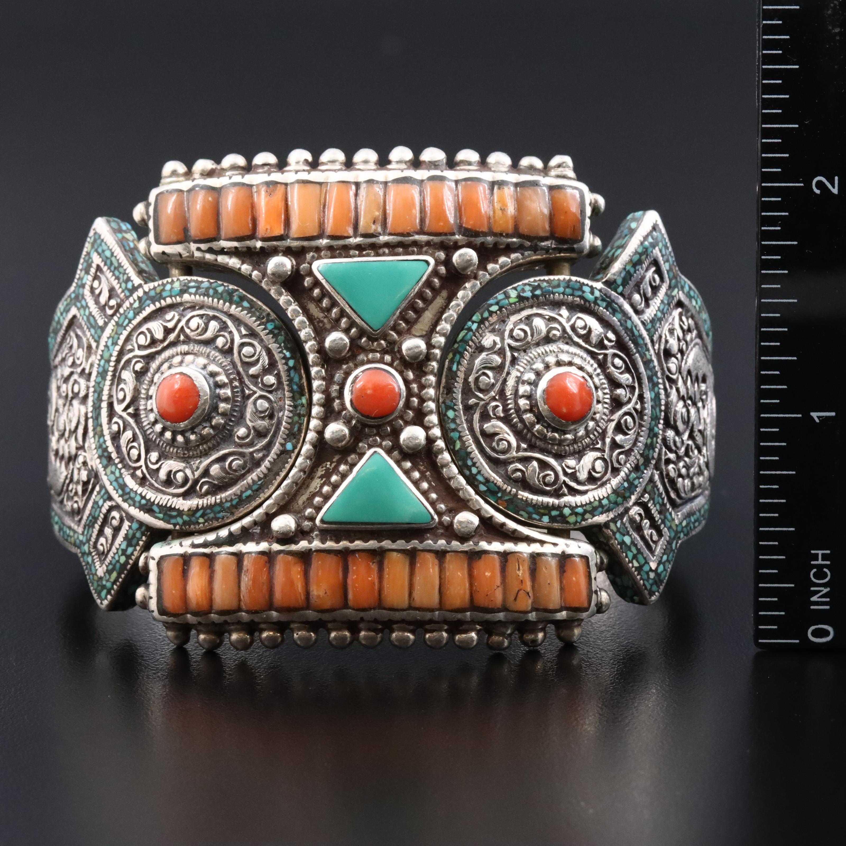 Tibetan Sterling and 800 Silver Coral and Turquoise Dragon Bracelet
