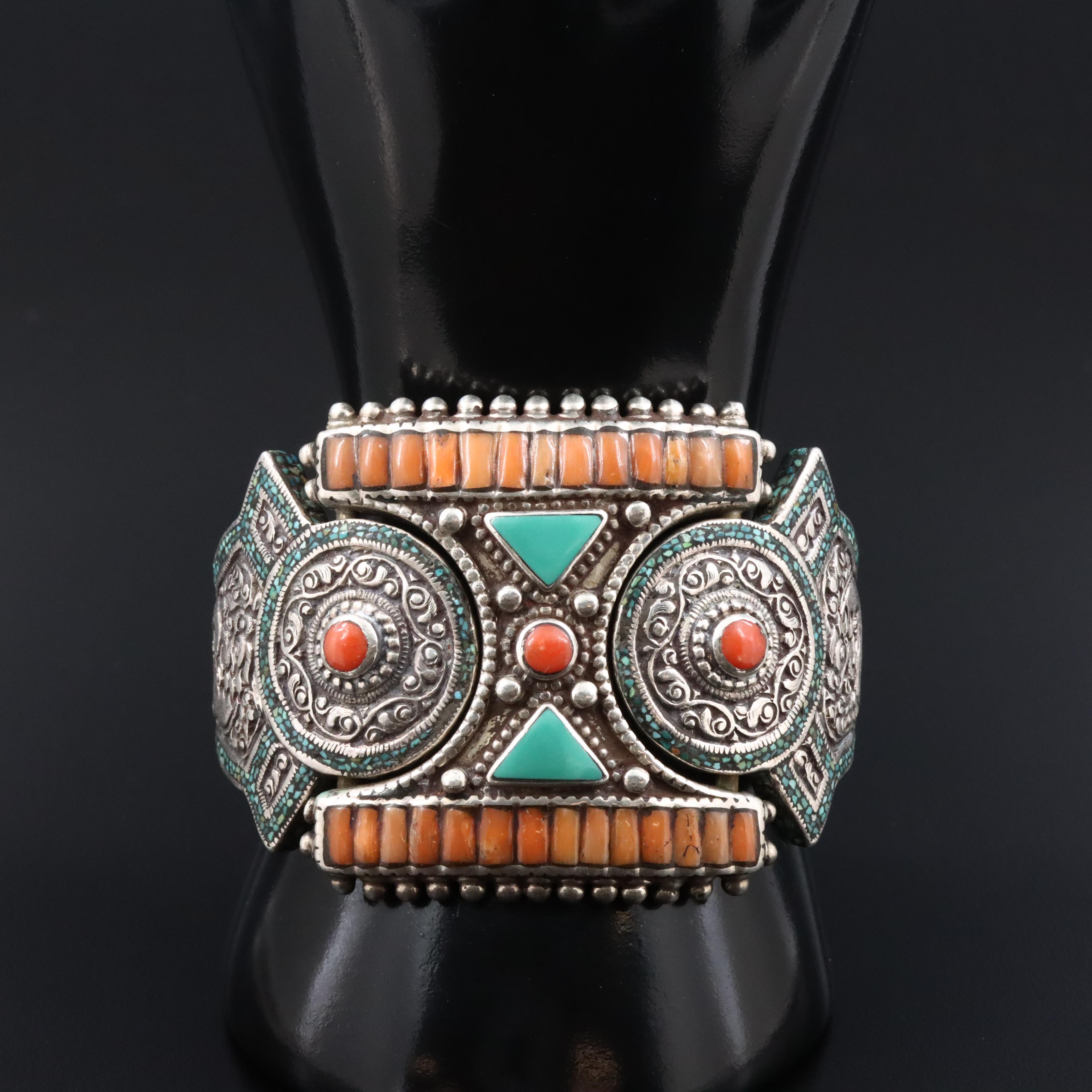 Tibetan Sterling and 800 Silver Coral and Turquoise Dragon Bracelet