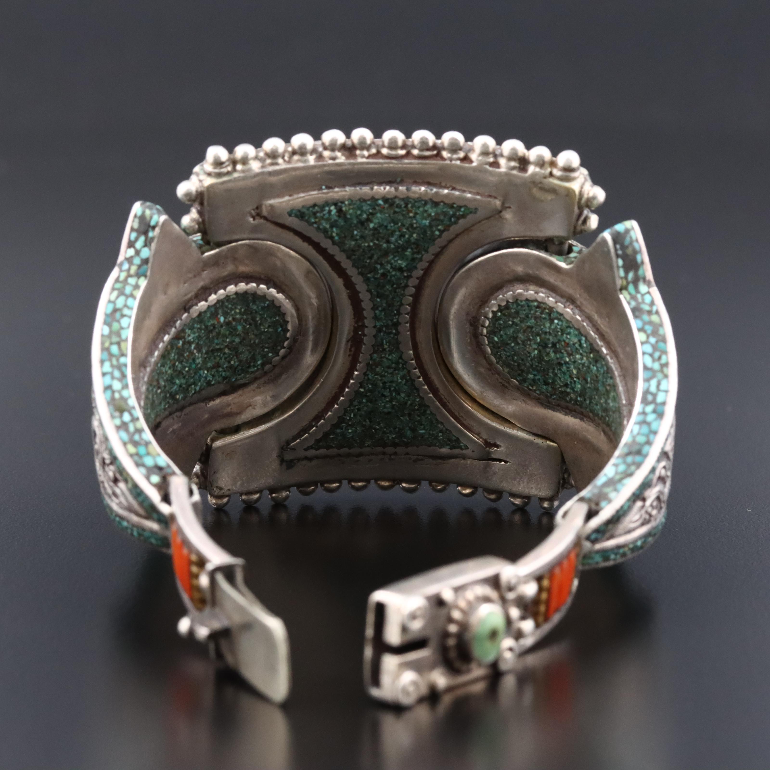 Tibetan Sterling and 800 Silver Coral and Turquoise Dragon Bracelet