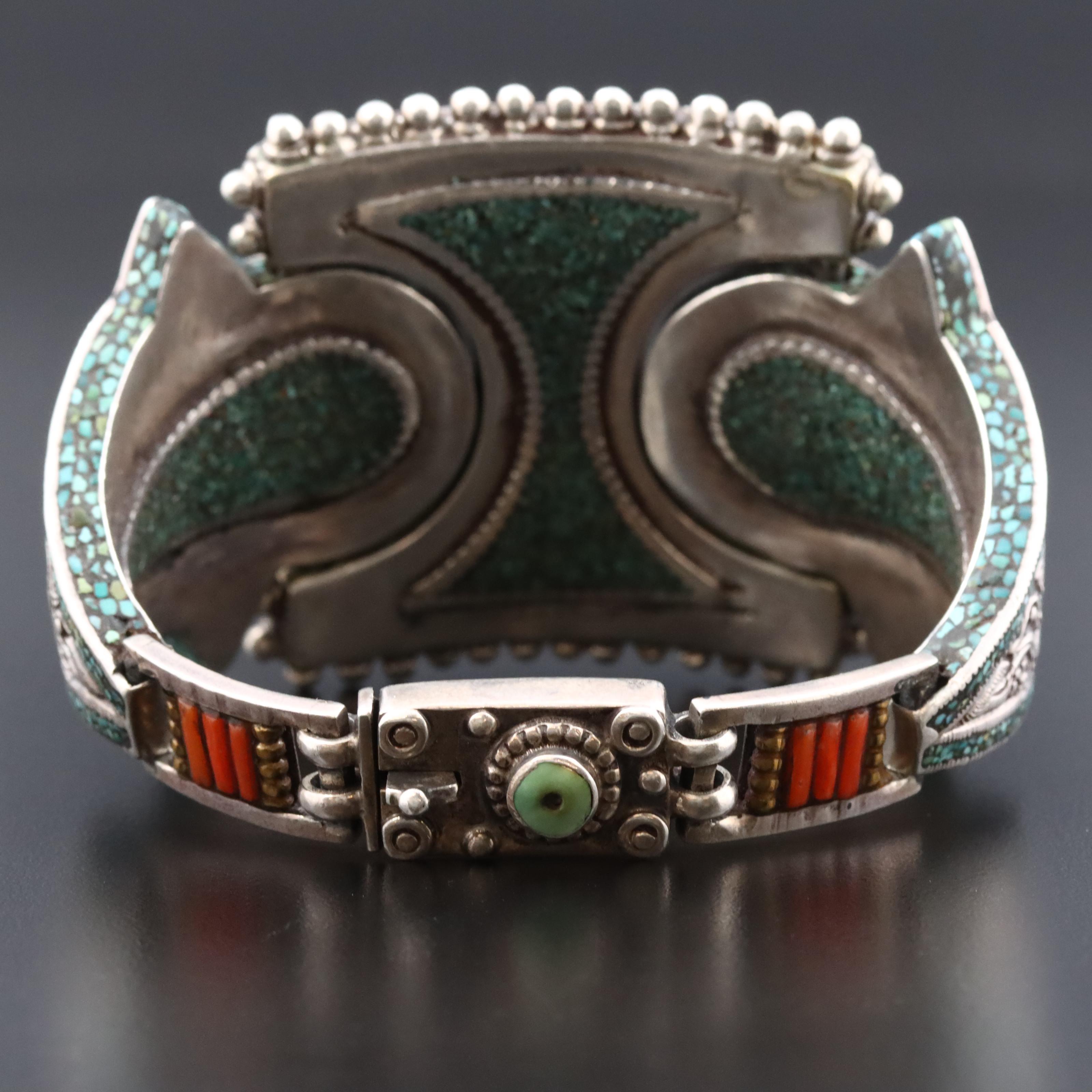 Tibetan Sterling and 800 Silver Coral and Turquoise Dragon Bracelet