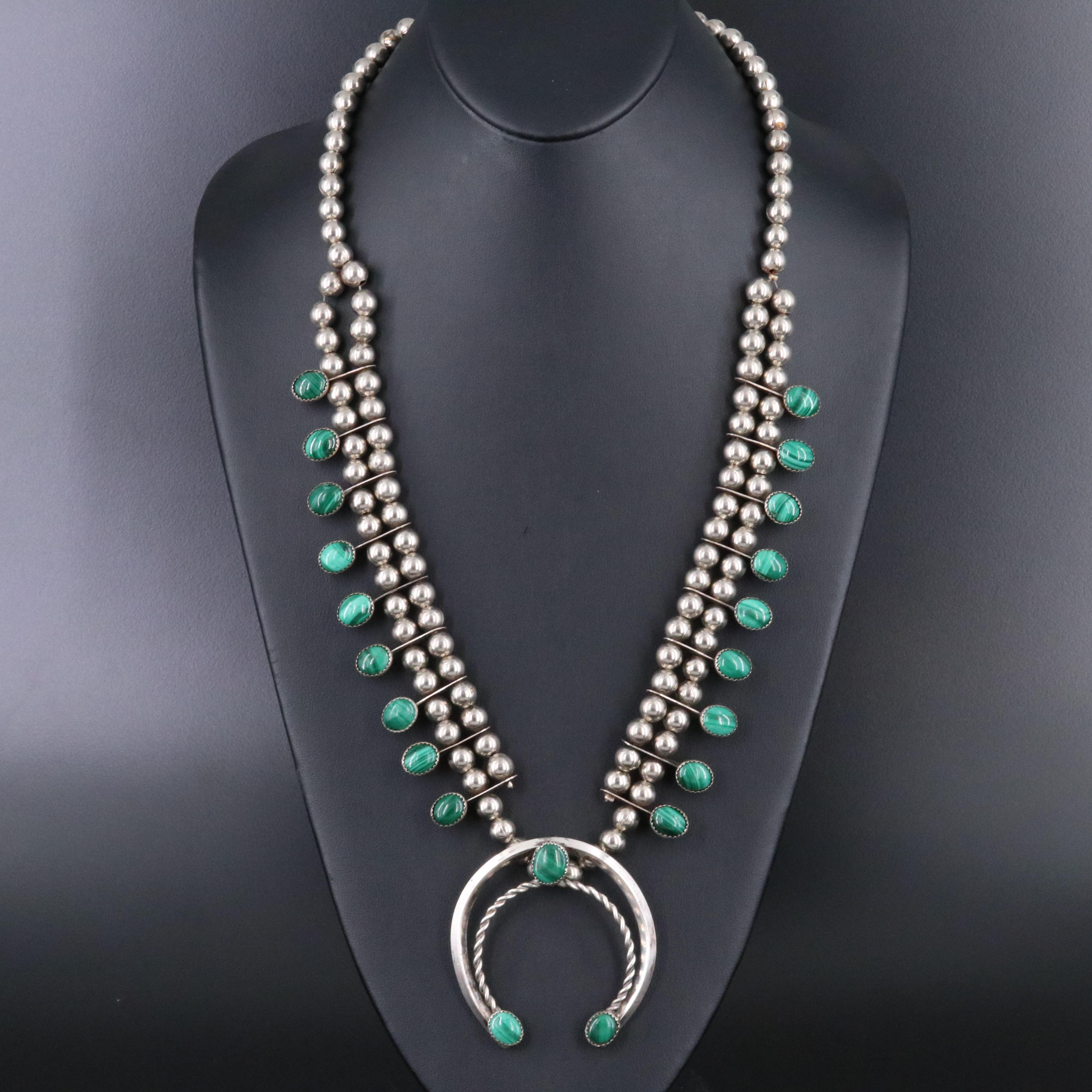 Western Sterling Malachite Squash Blossom Necklace