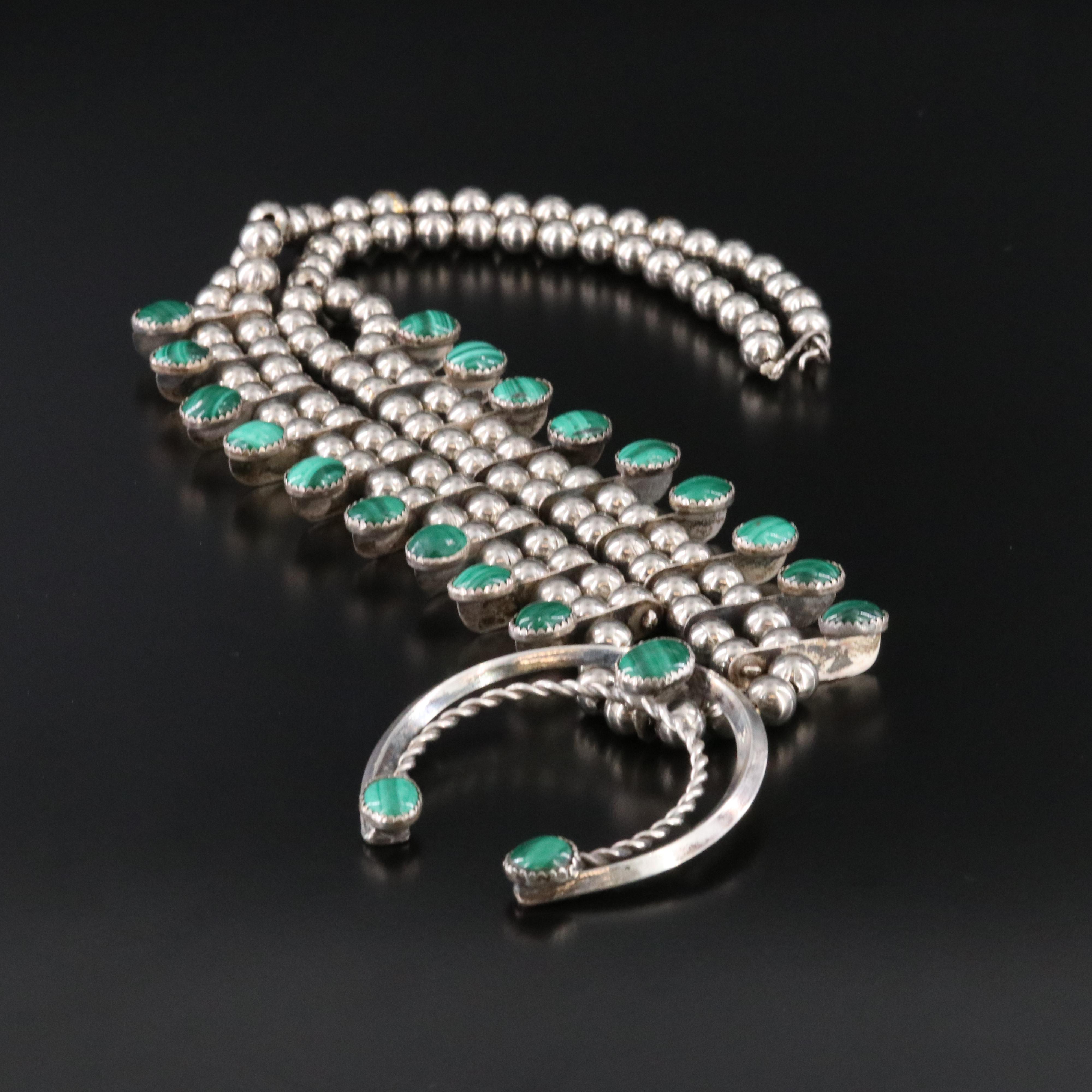 Western Sterling Malachite Squash Blossom Necklace