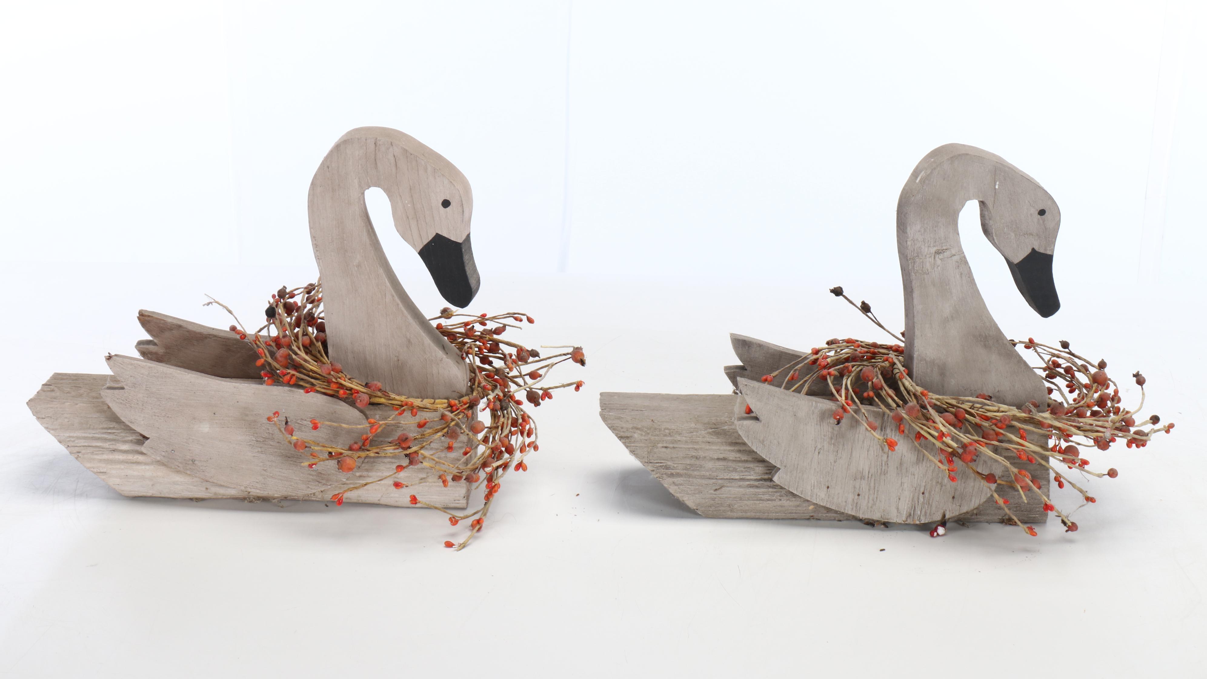 Wooden Carved Geese with Miniature Artificial Wreaths