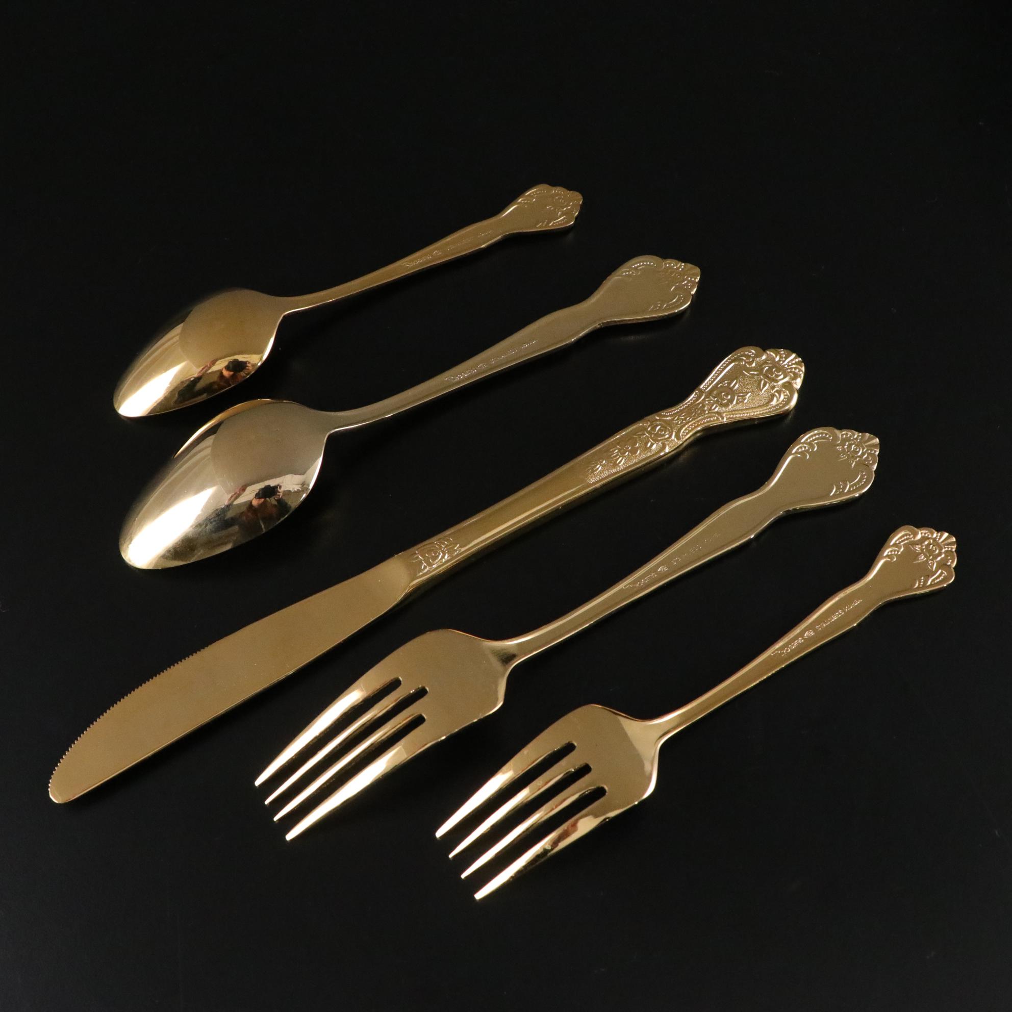 Henrich & Co. Gold Rim Porcelain Dinner Plates with Rogers Gold-Tone Flatware