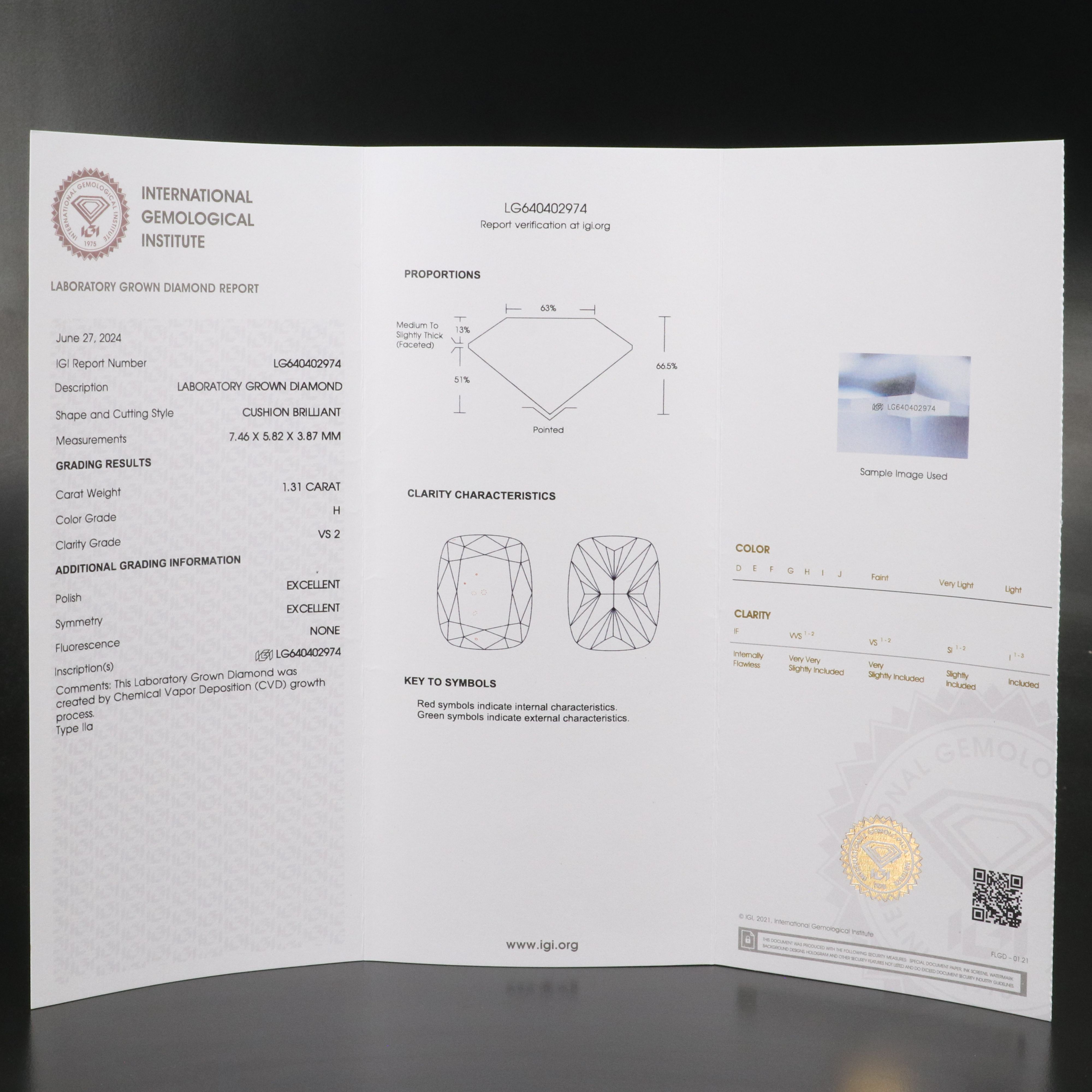Loose 1.31 CT Lab Grown Diamond with IGI Report