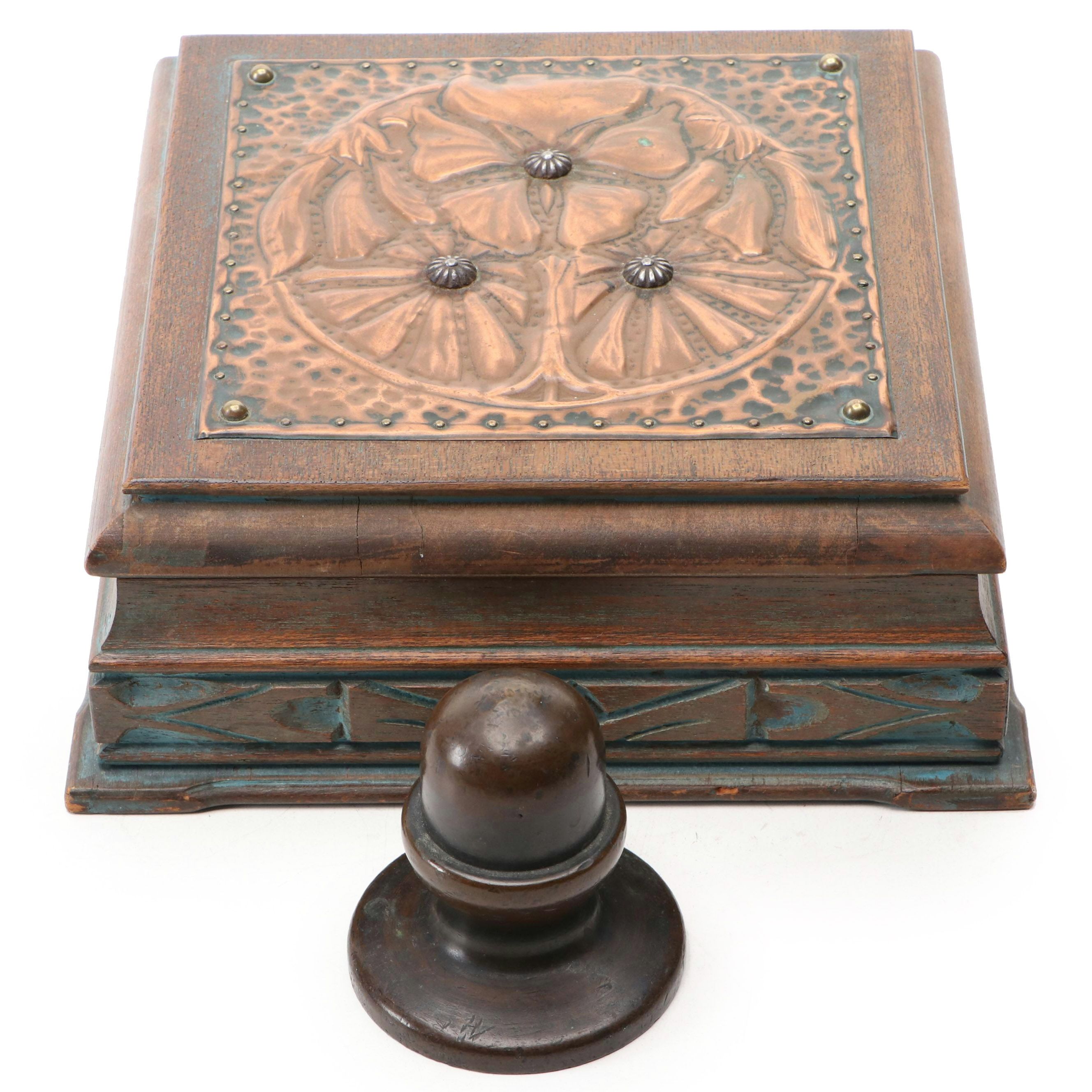 Arts and Crafts Style Hammered Copper Floral Box with Paperweight