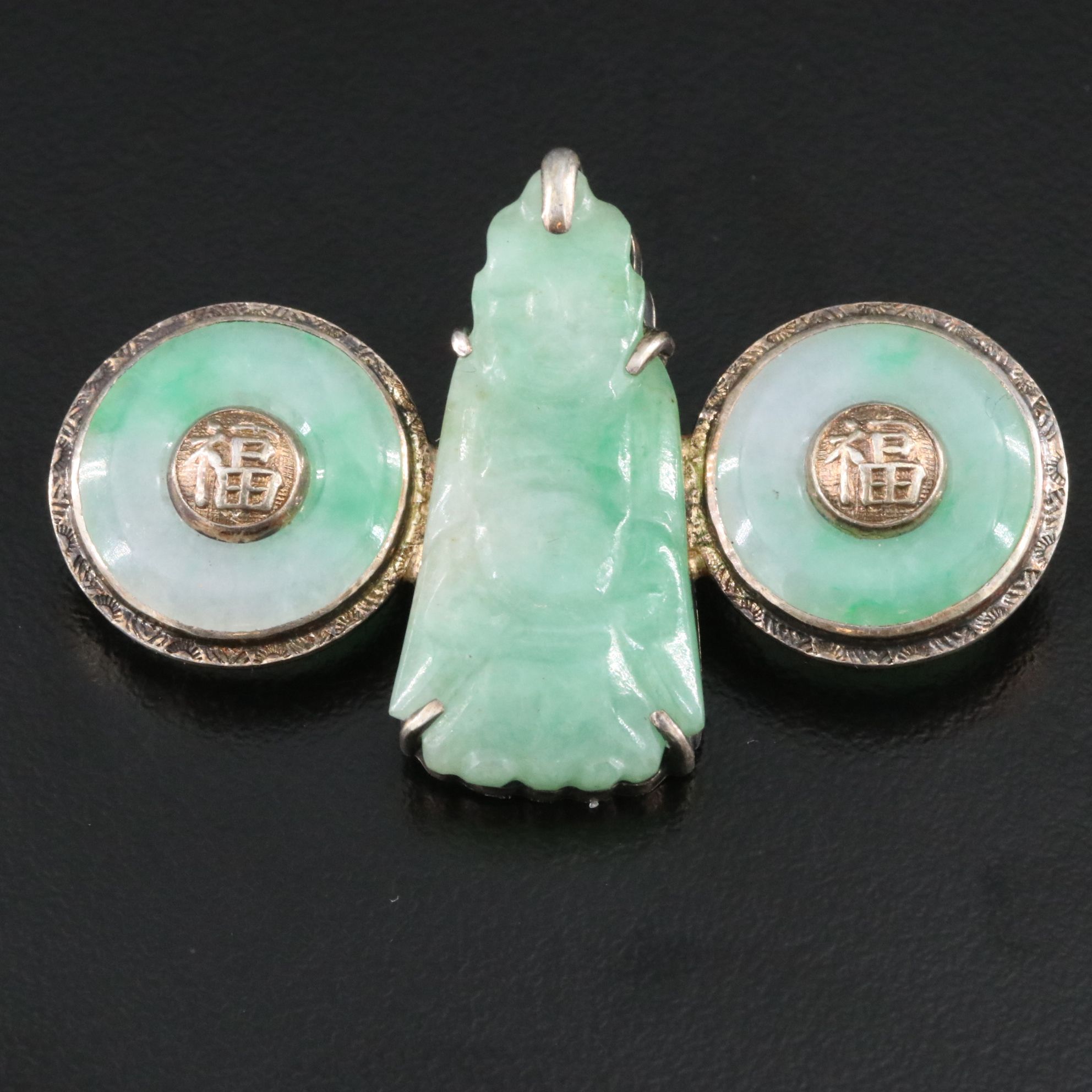 850 Silver Chinese Jadeite "Good Fortune" and Budai Brooch