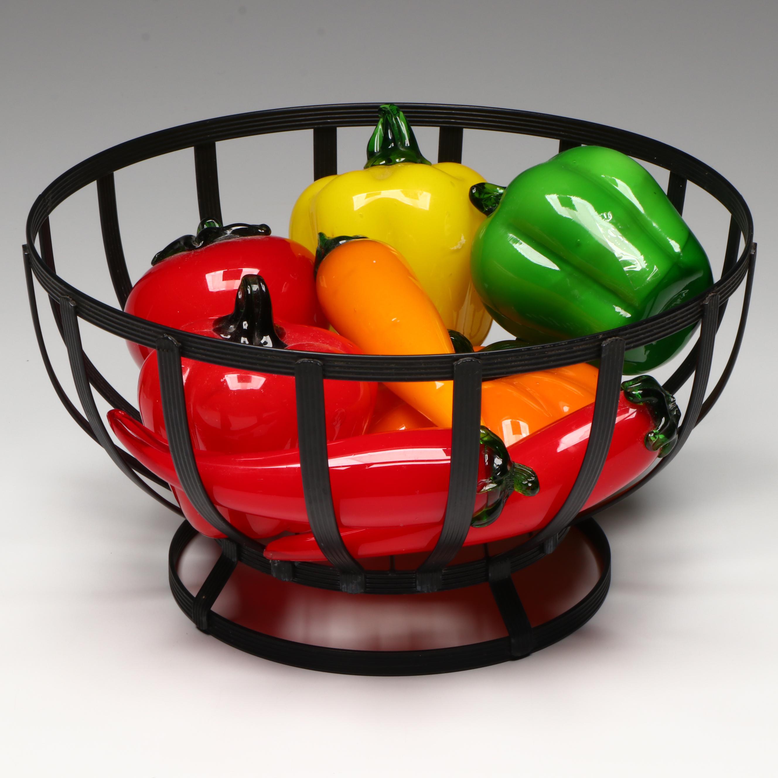 Handblown Glass Fruits and Vegetables with Slotted Metal Footed Bowl