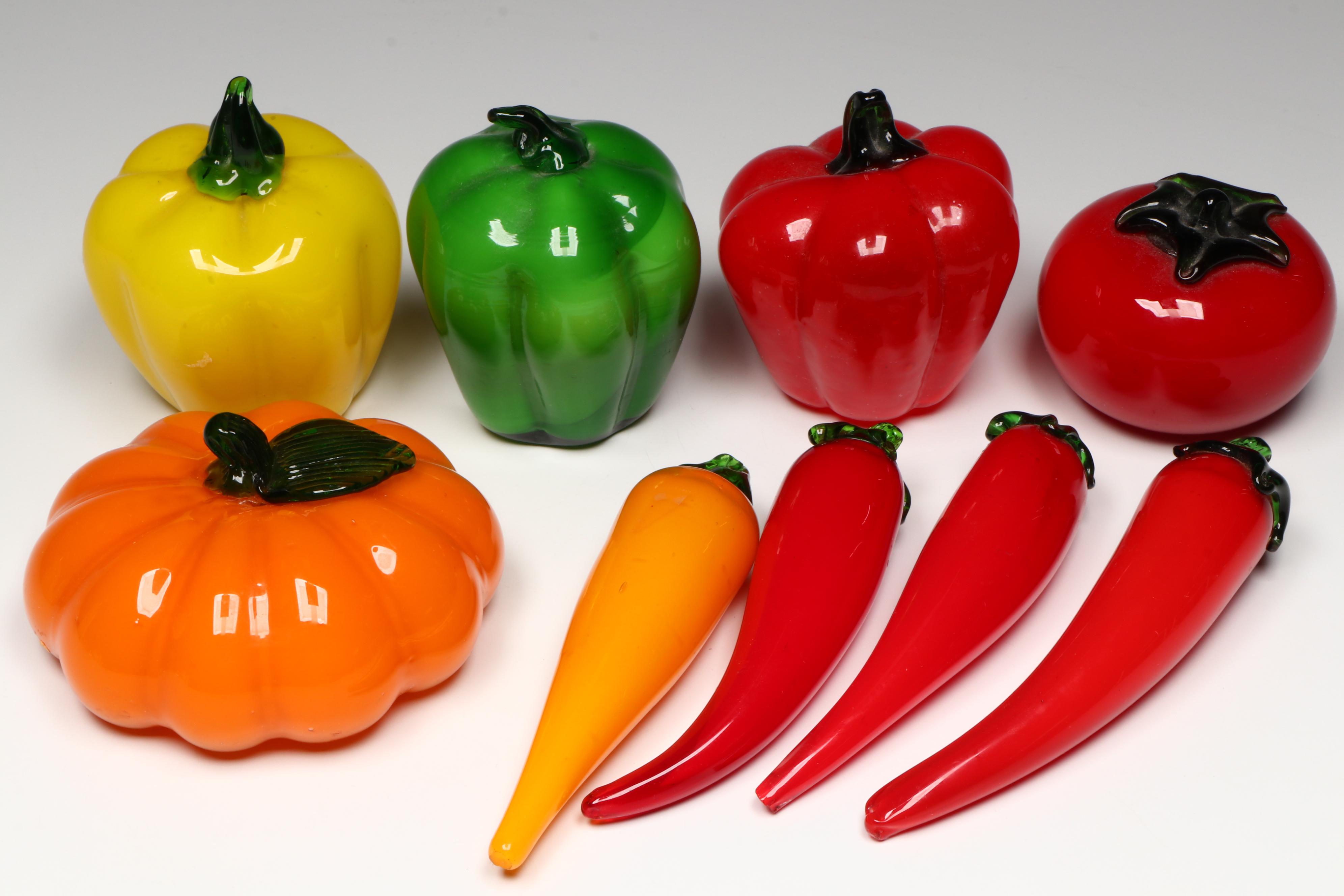 Handblown Glass Fruits and Vegetables with Slotted Metal Footed Bowl