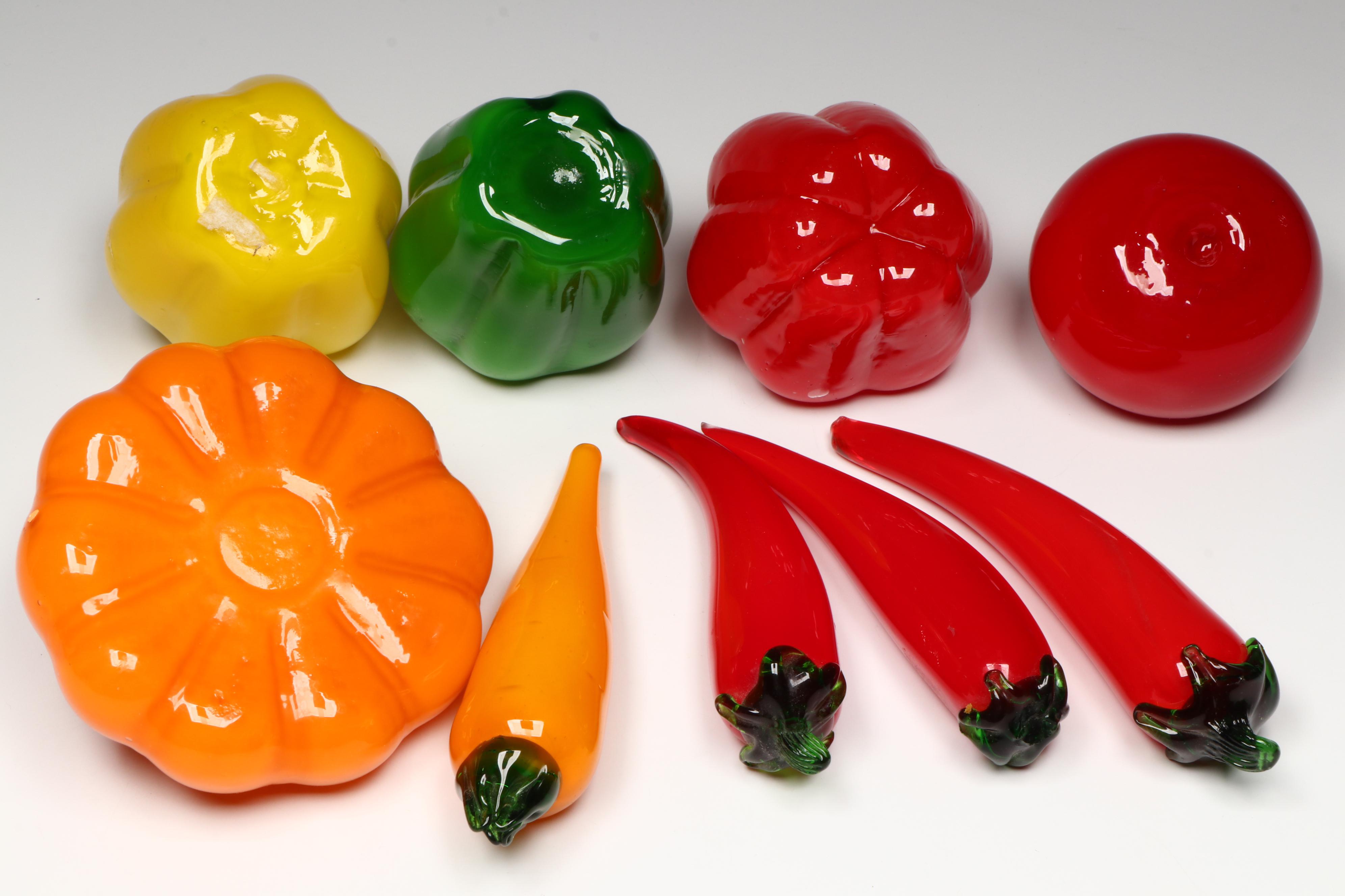 Handblown Glass Fruits and Vegetables with Slotted Metal Footed Bowl