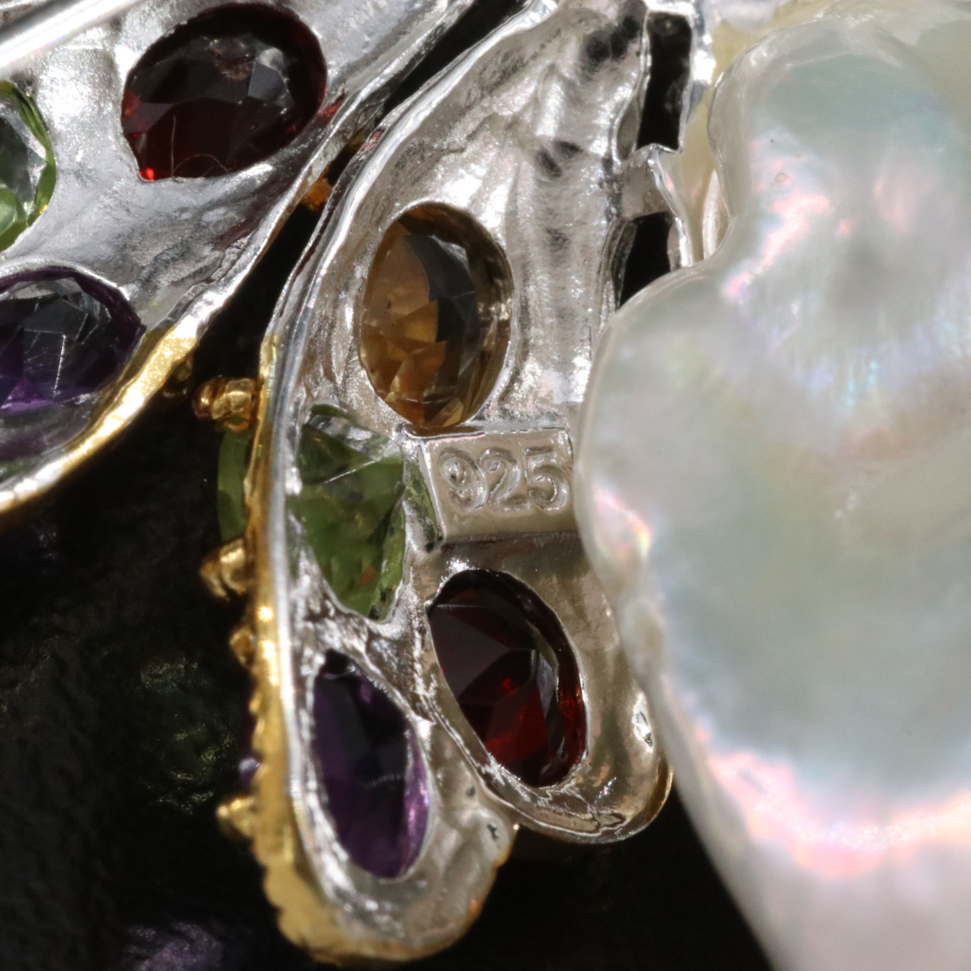 Sterling Pearl and Gemstone Bug Brooch