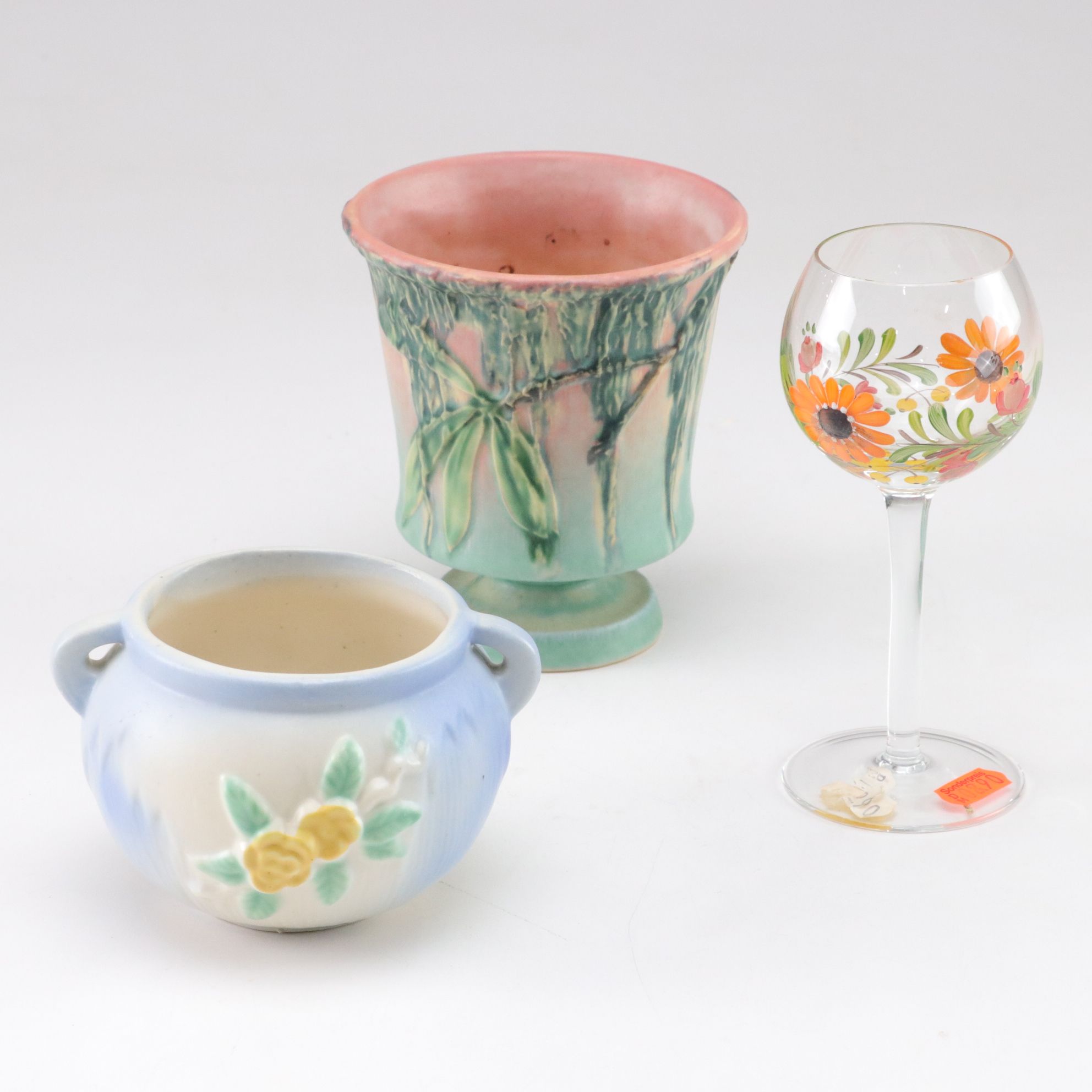 Roseville "Moss" Footed Vase With Hand-Painted Hock Wine and Handled Pot