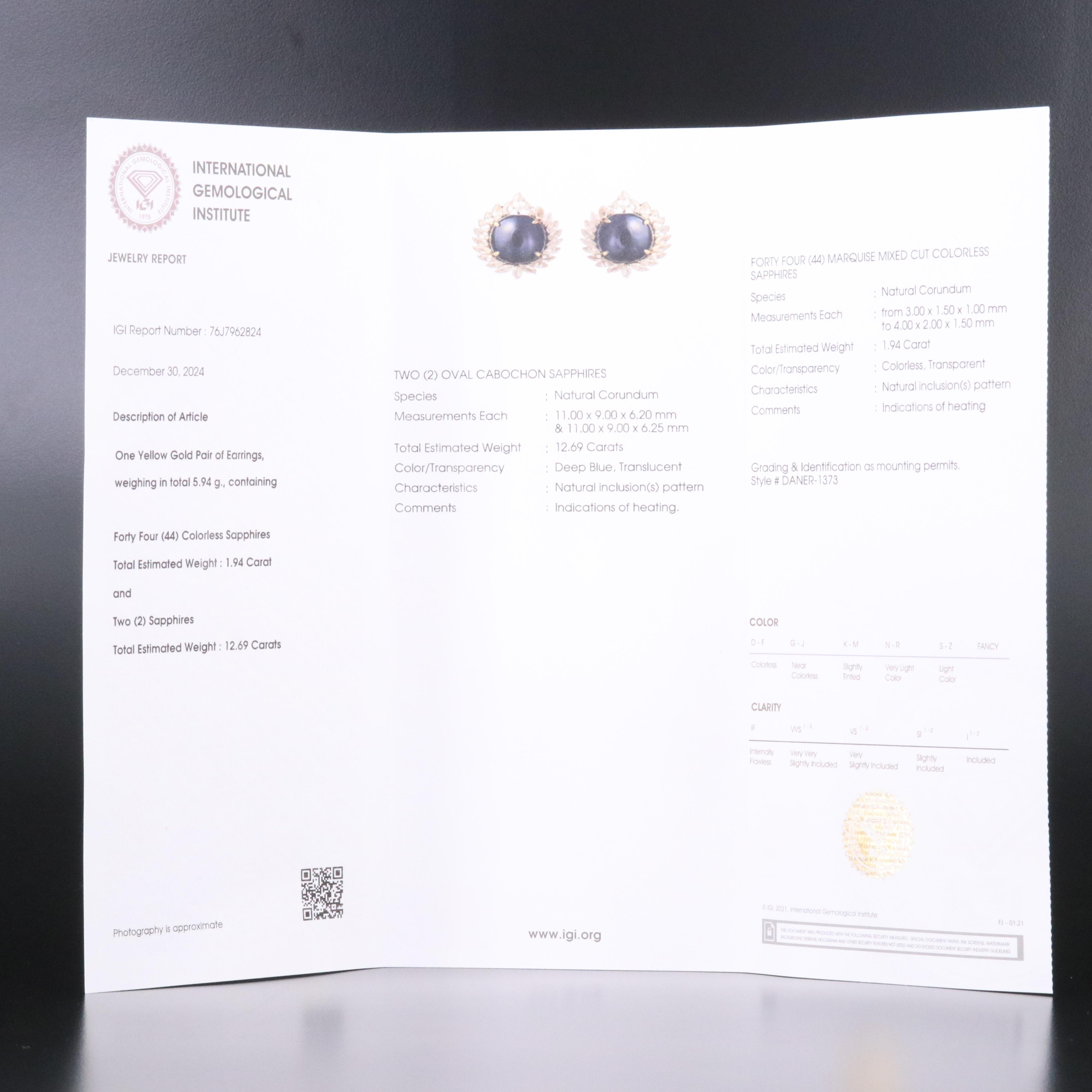 14K 12.69 CTW Sapphire and White Sapphire Earrings with IGI Report