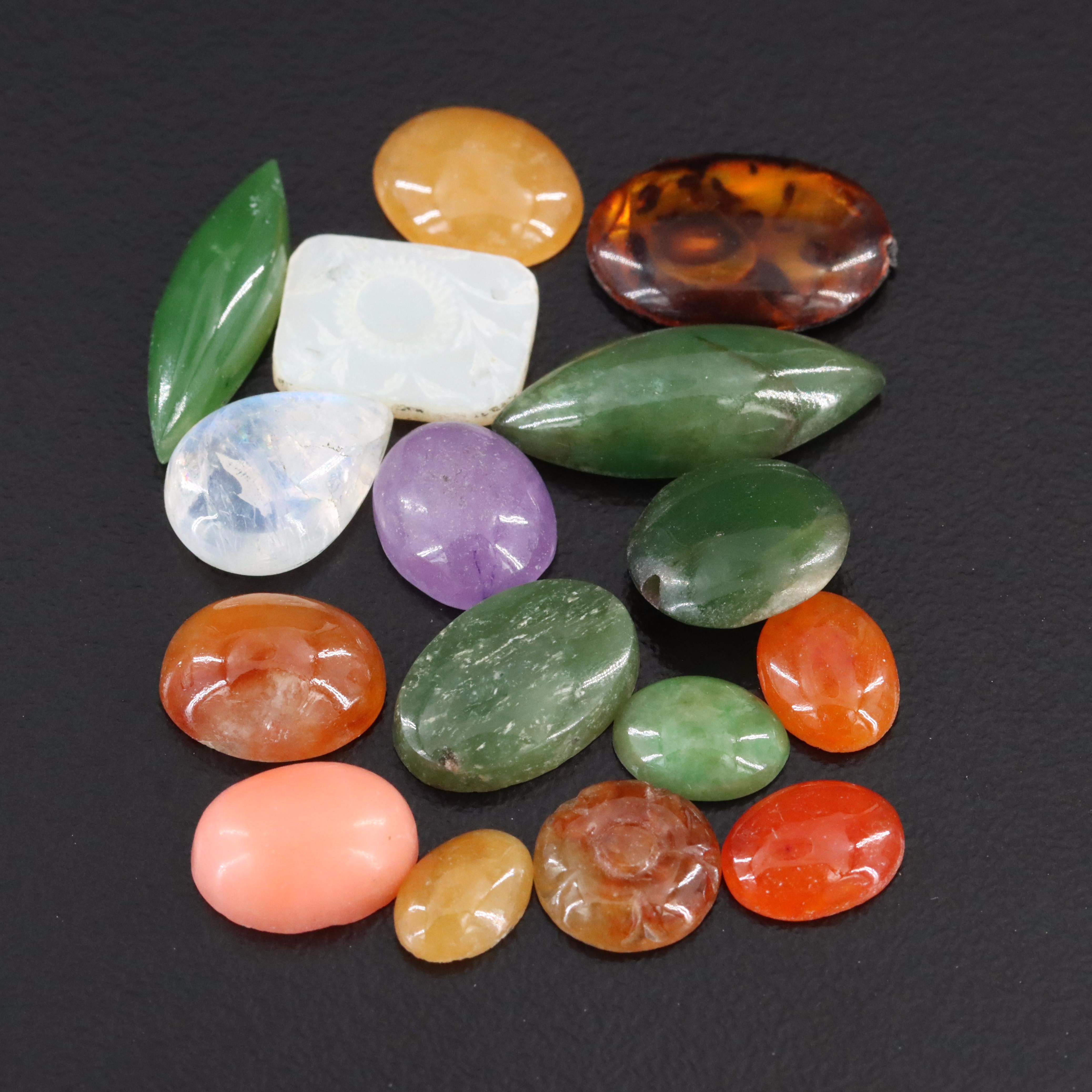 Loose Gemstone Lot Including Rainbow Moonstone, Mother-of-Pearl and Coral