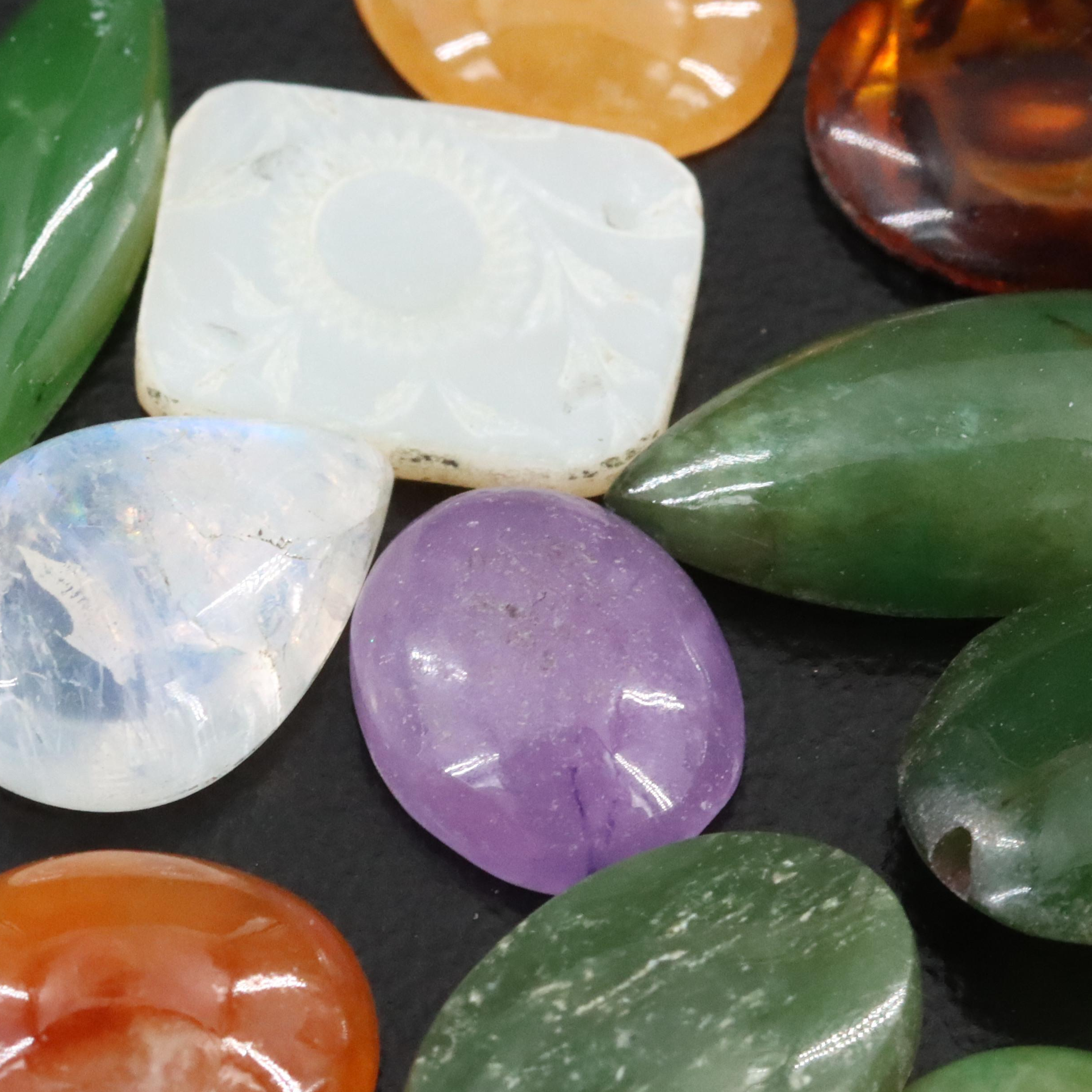 Loose Gemstone Lot Including Rainbow Moonstone, Mother-of-Pearl and Coral