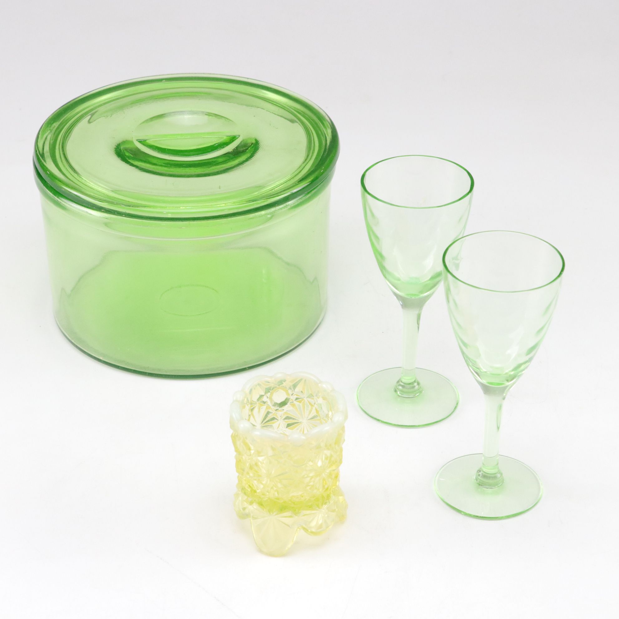 Uranium Glass Refrigerator Dish, Dessert Wine Glasses & More