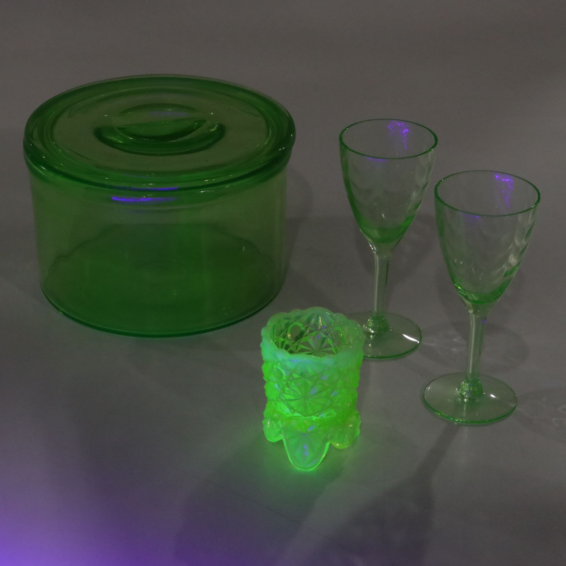 Uranium Glass Refrigerator Dish, Dessert Wine Glasses & More
