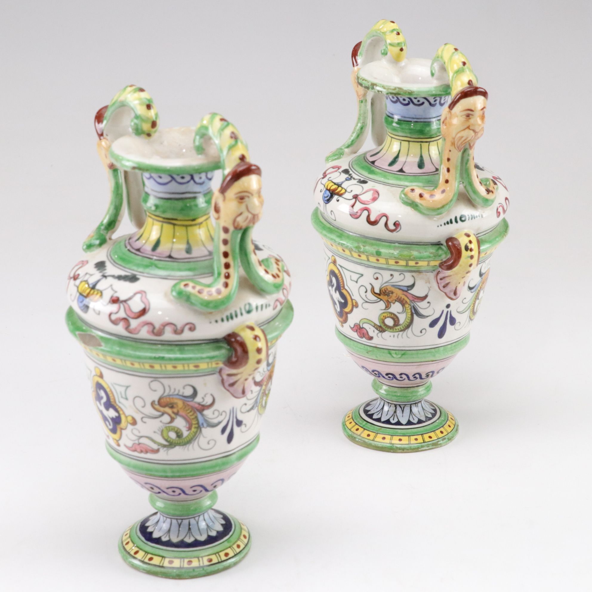Italian Baroque Style Faience Glazed Ceramic Urns, Pair, Late 20th Century