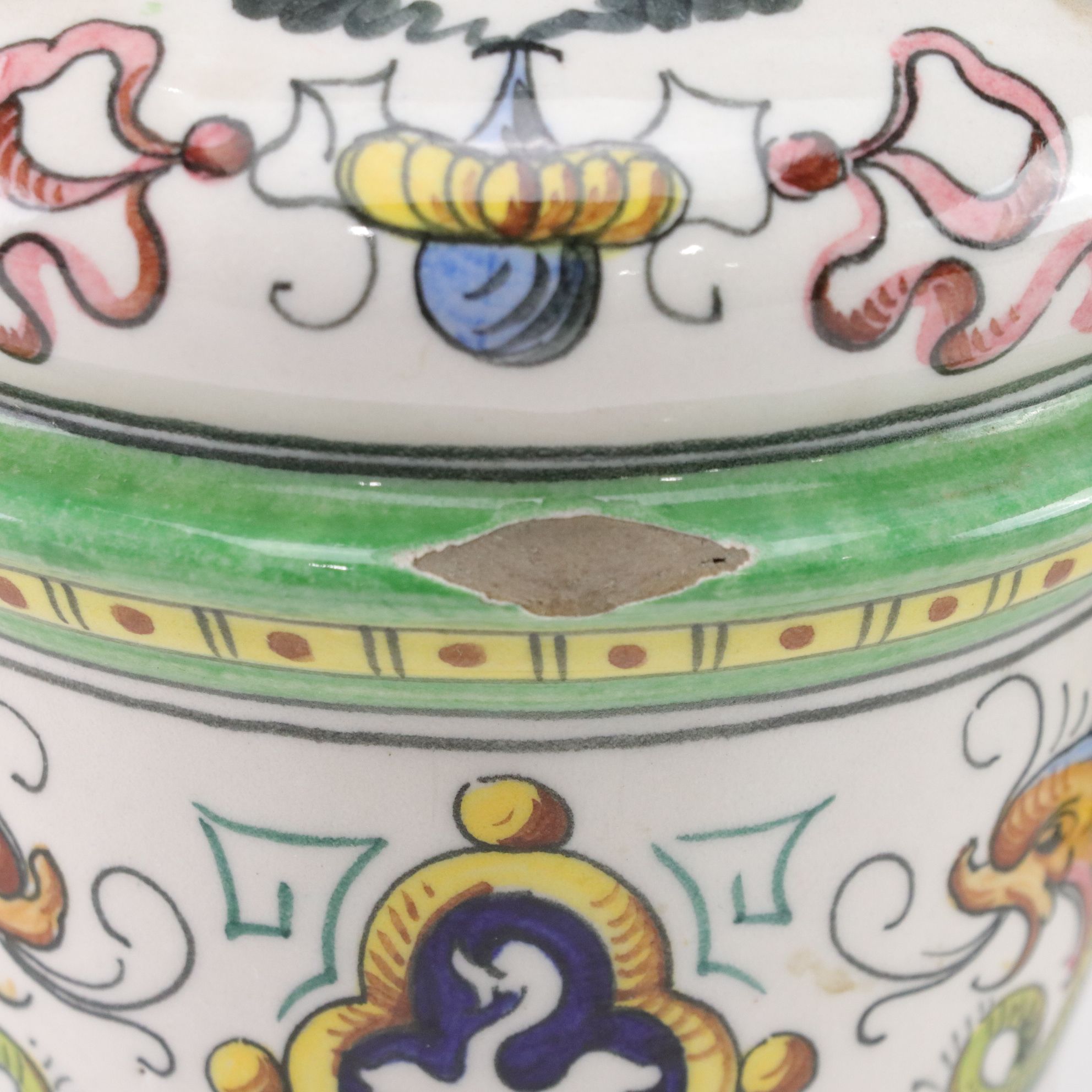 Italian Baroque Style Faience Glazed Ceramic Urns, Pair, Late 20th Century