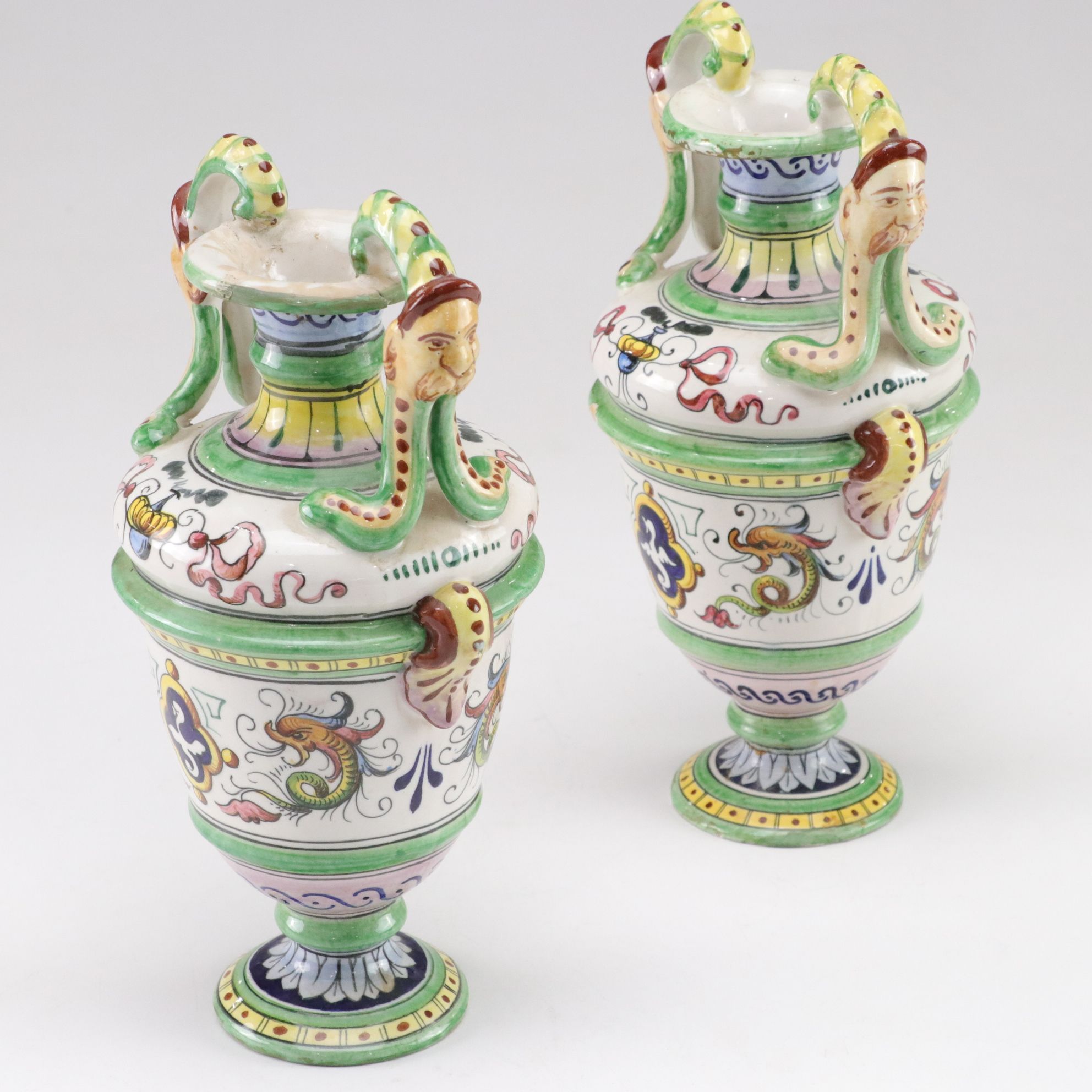Italian Baroque Style Faience Glazed Ceramic Urns, Pair, Late 20th Century