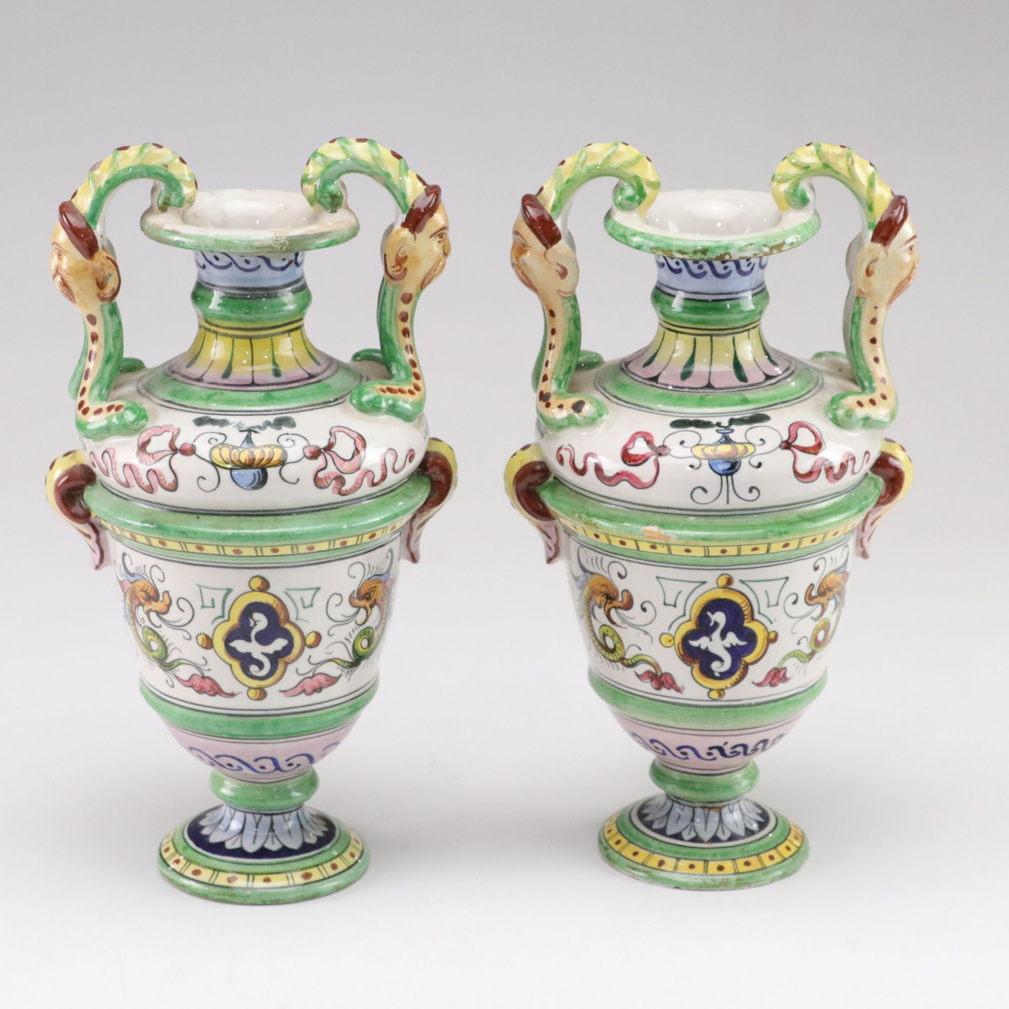 Italian Baroque Style Faience Glazed Ceramic Urns, Pair, Late 20th Century