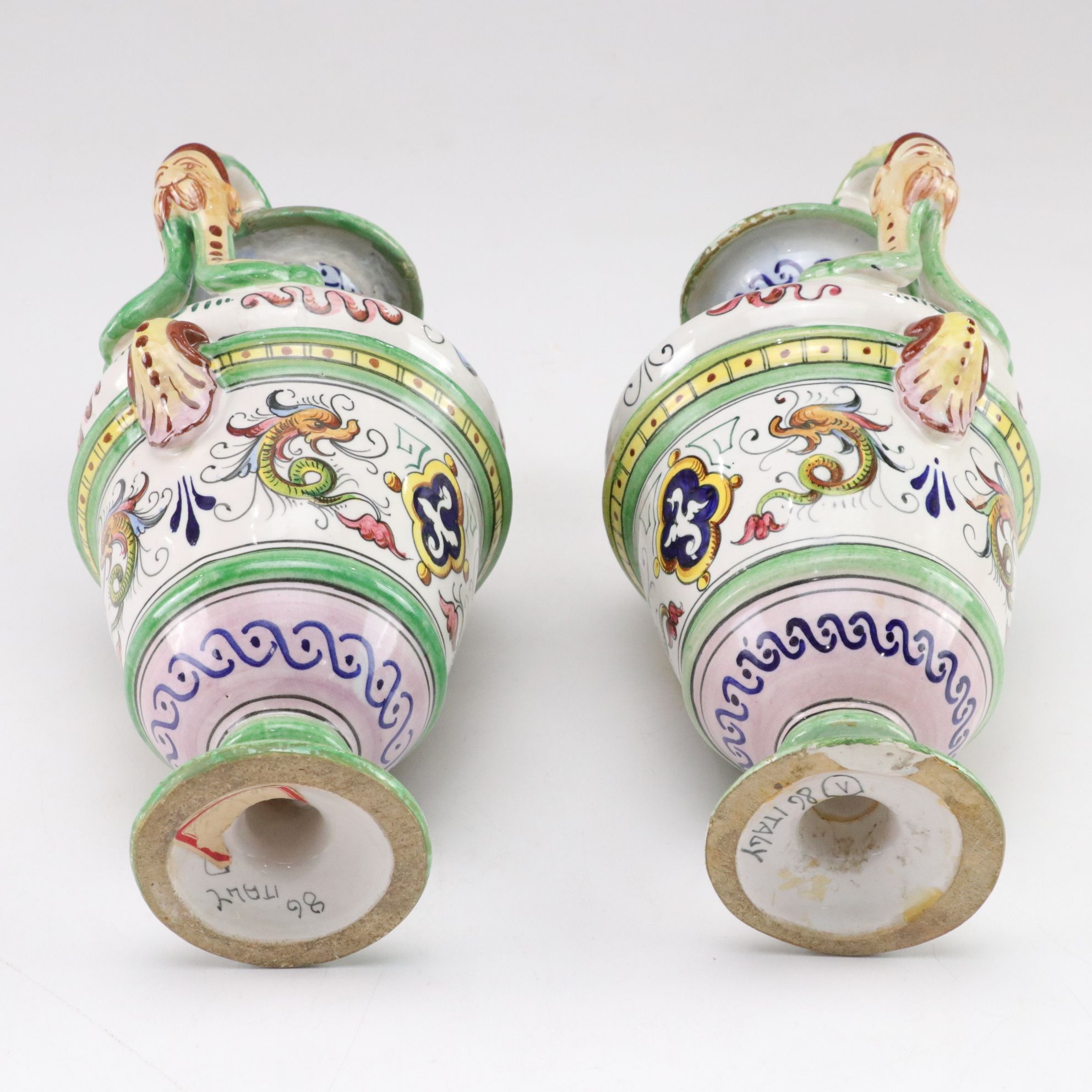 Italian Baroque Style Faience Glazed Ceramic Urns, Pair, Late 20th Century