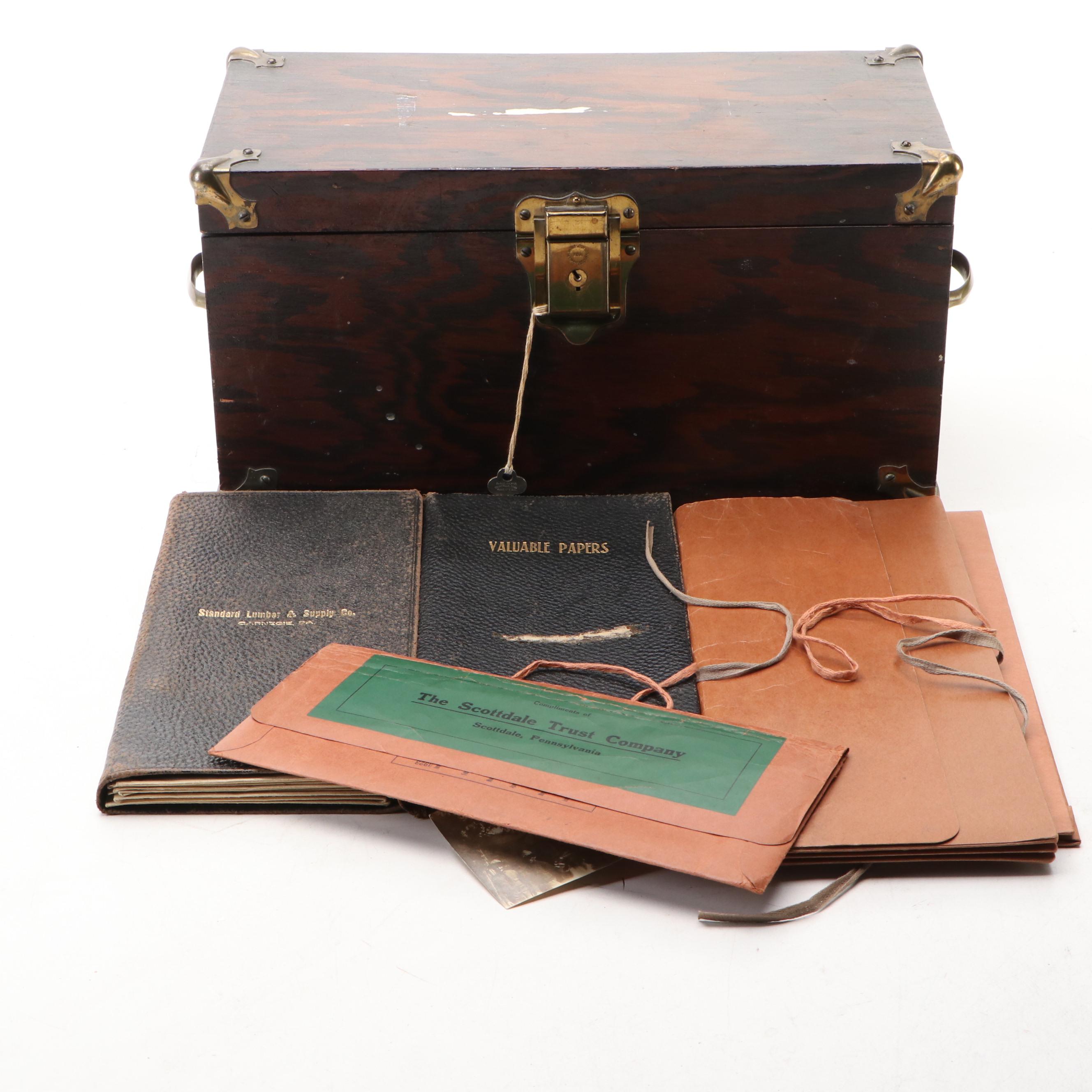 Brass Mounted Wooden Lock Box with Carnegie Mill & Lumber and Other Ephemera