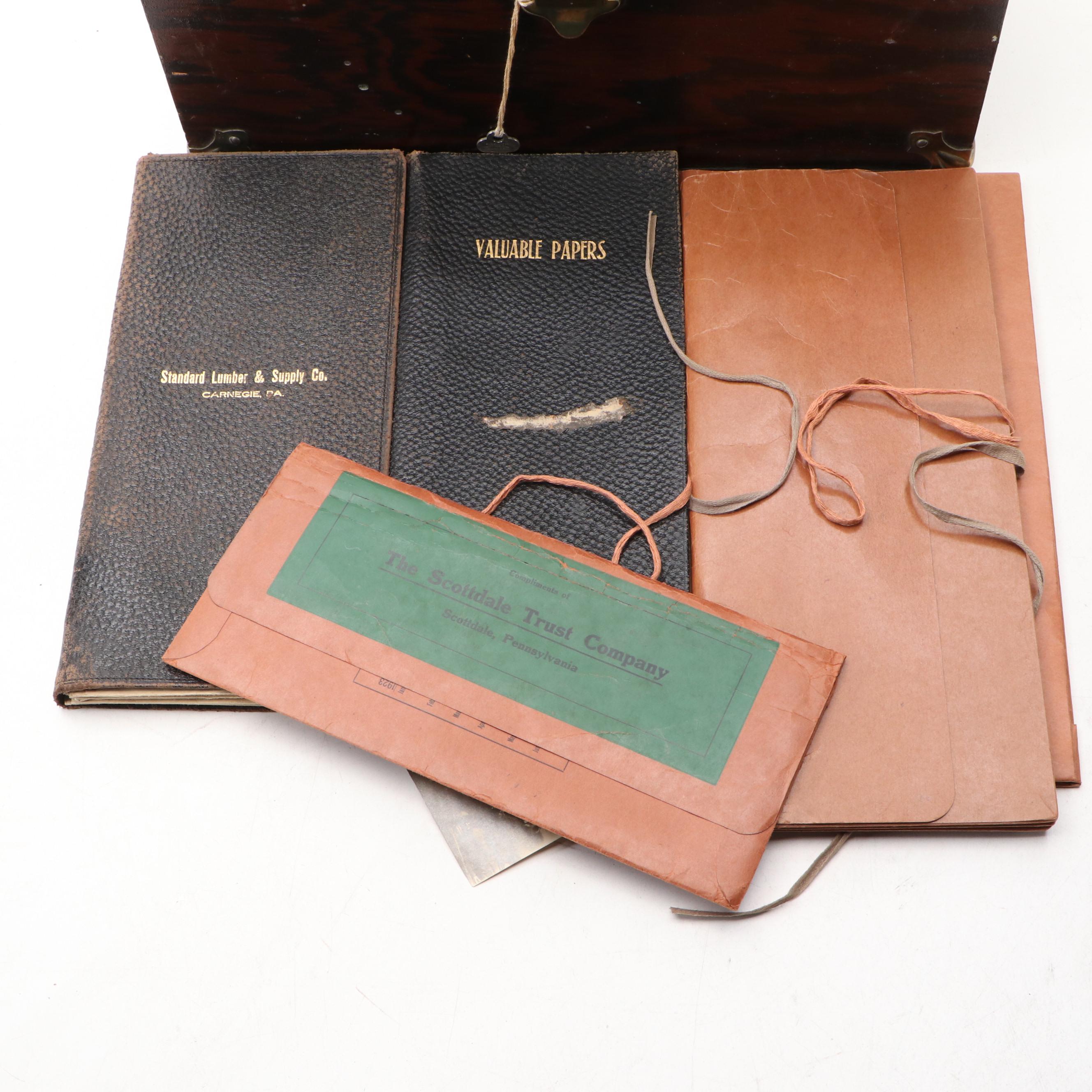 Brass Mounted Wooden Lock Box with Carnegie Mill & Lumber and Other Ephemera