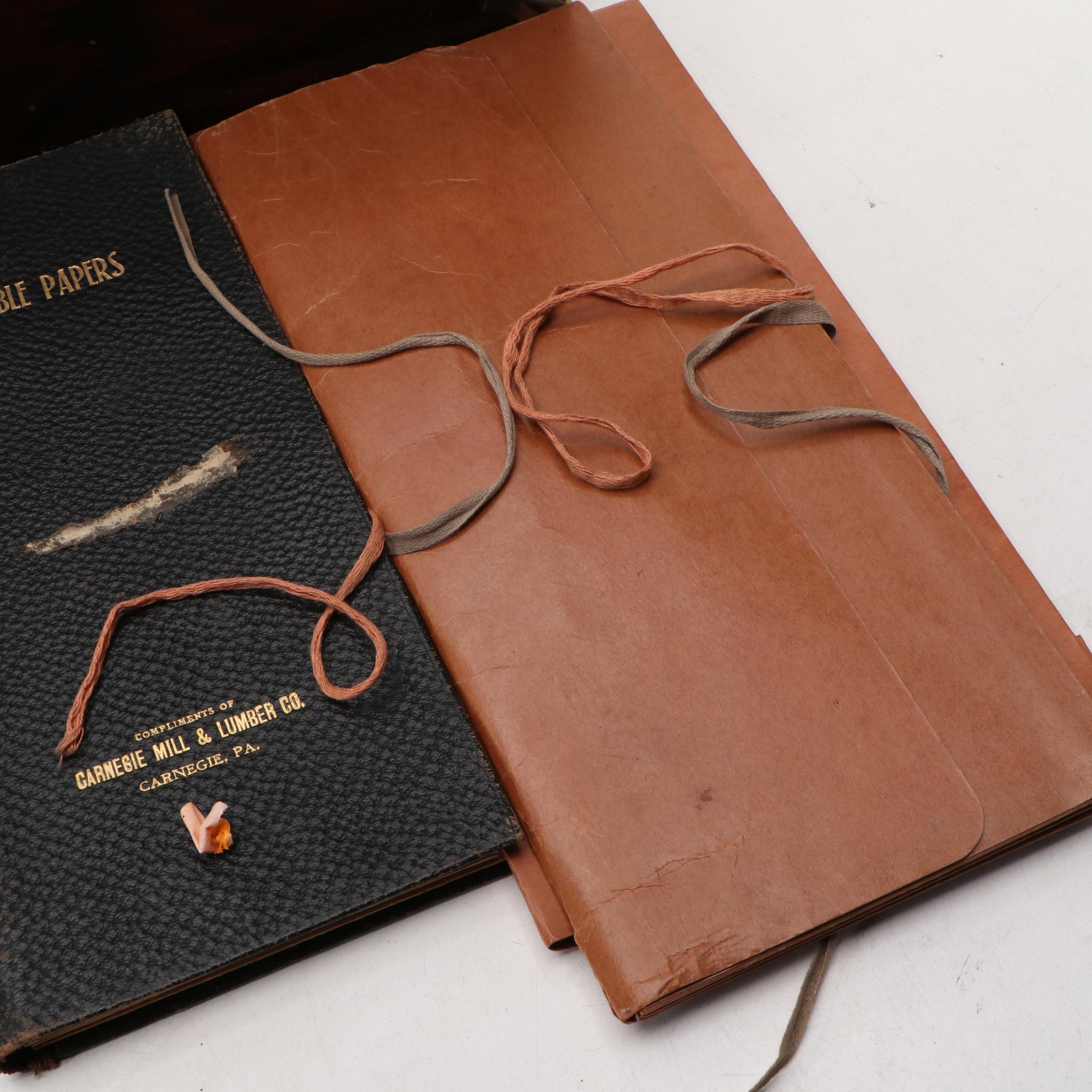 Brass Mounted Wooden Lock Box with Carnegie Mill & Lumber and Other Ephemera