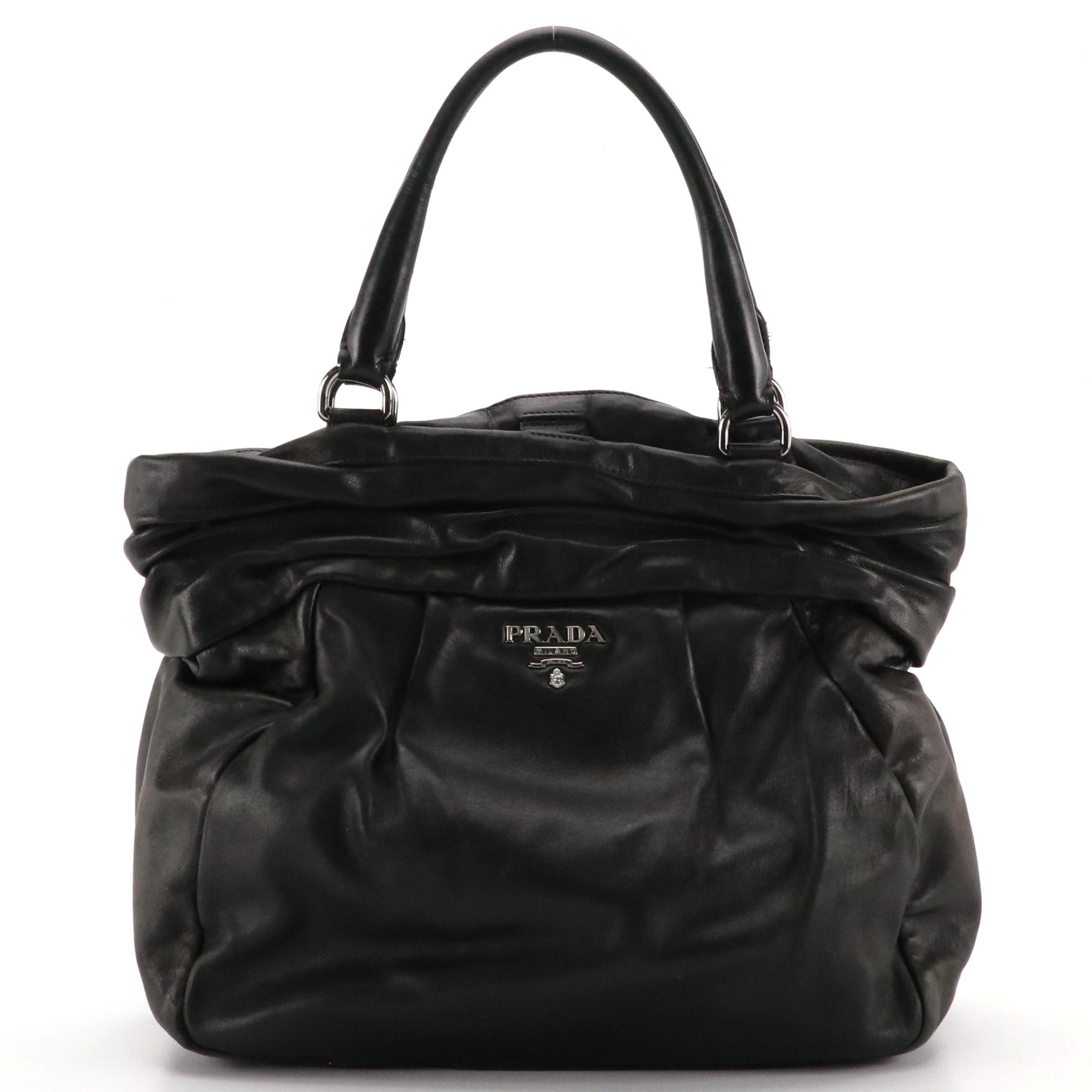 Prada Pleated Frills Handbag Tote in Black Calfskin Leather