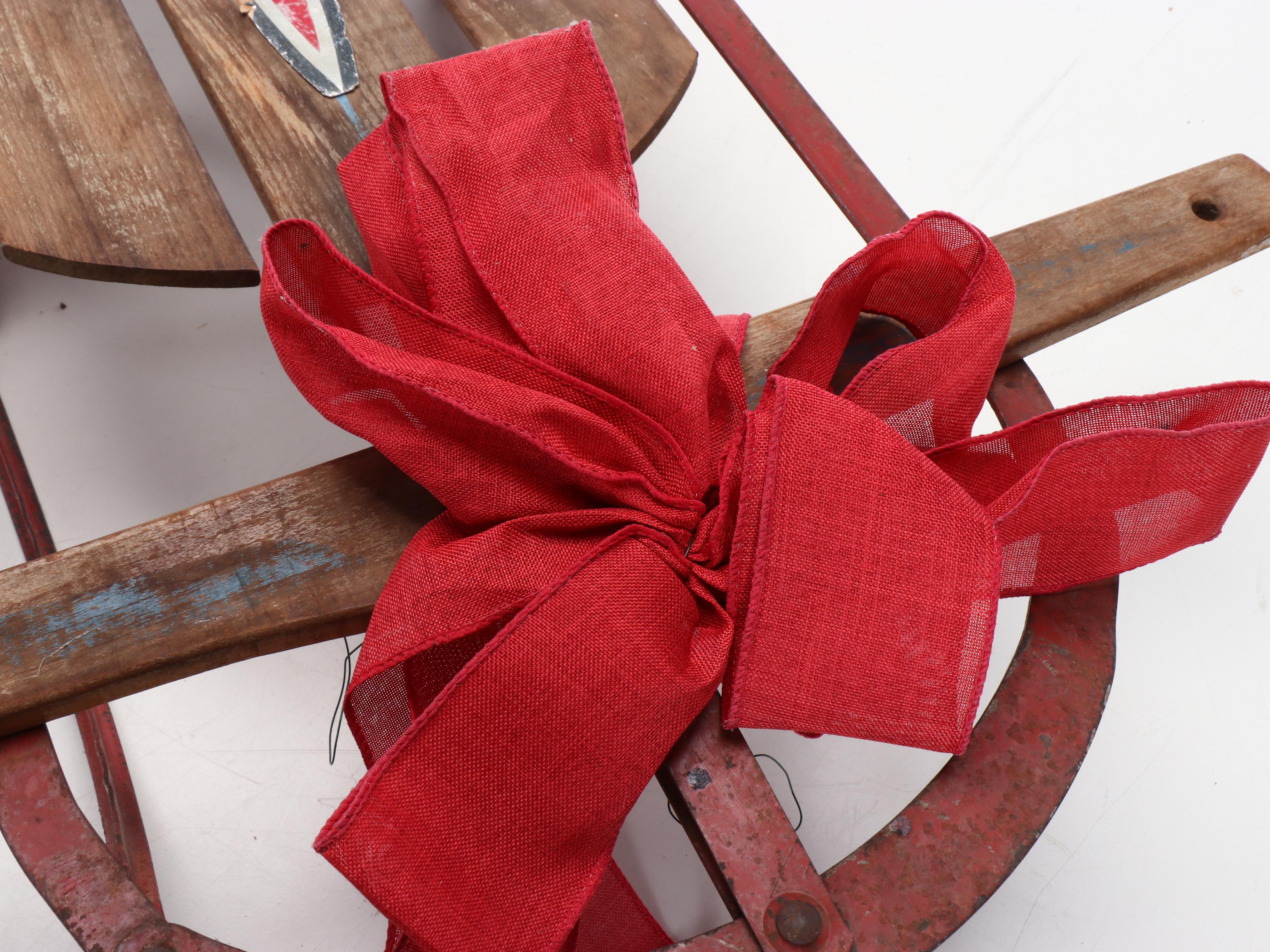Vintage Wooden Runner Sled with Burlap Holiday Ribbon