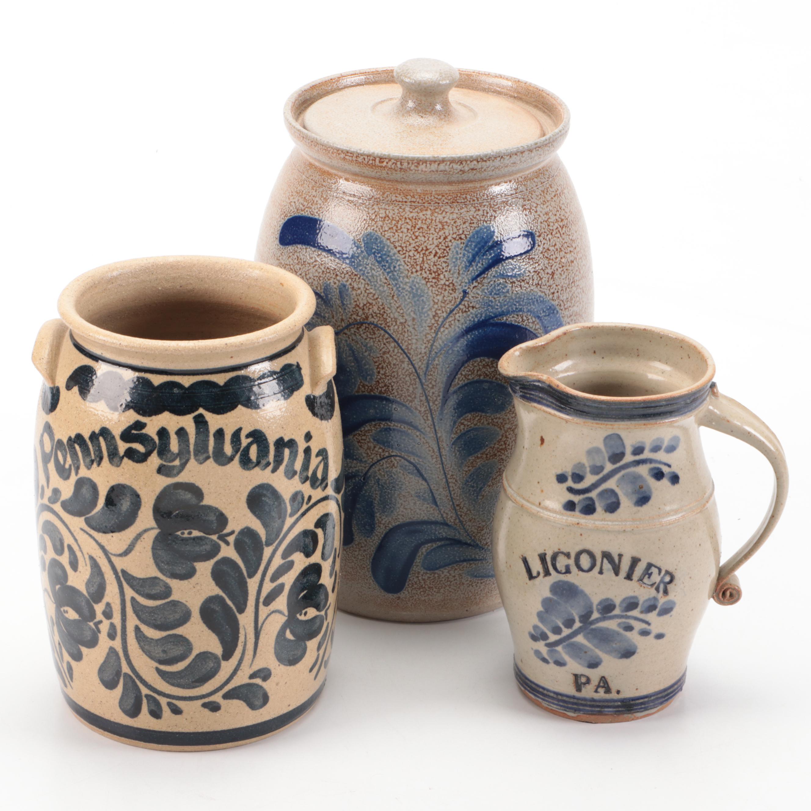 Pennsylvania Salt Glazed Stoneware Crock and Pitcher with Cobalt Designs