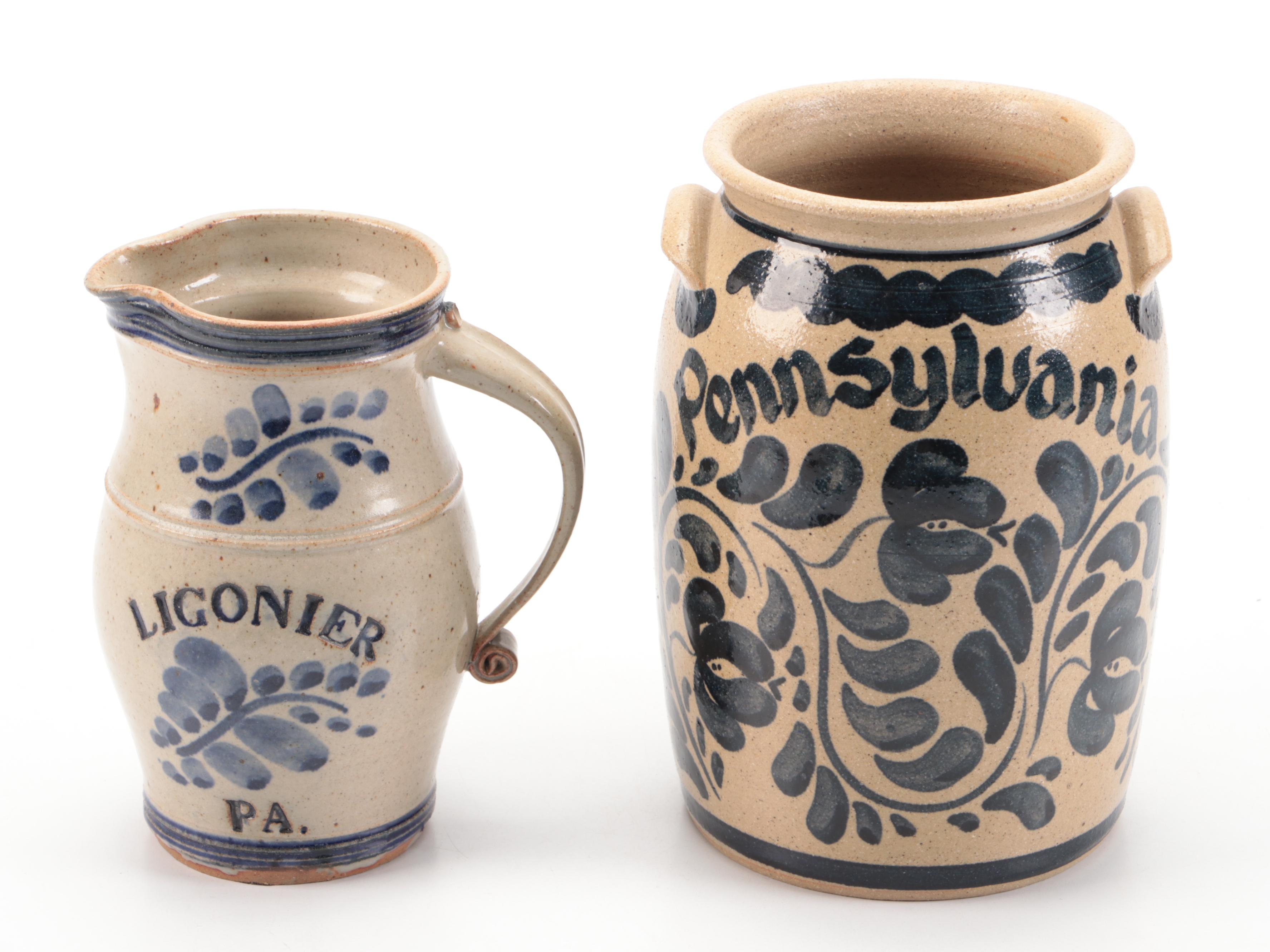 Pennsylvania Salt Glazed Stoneware Crock and Pitcher with Cobalt Designs