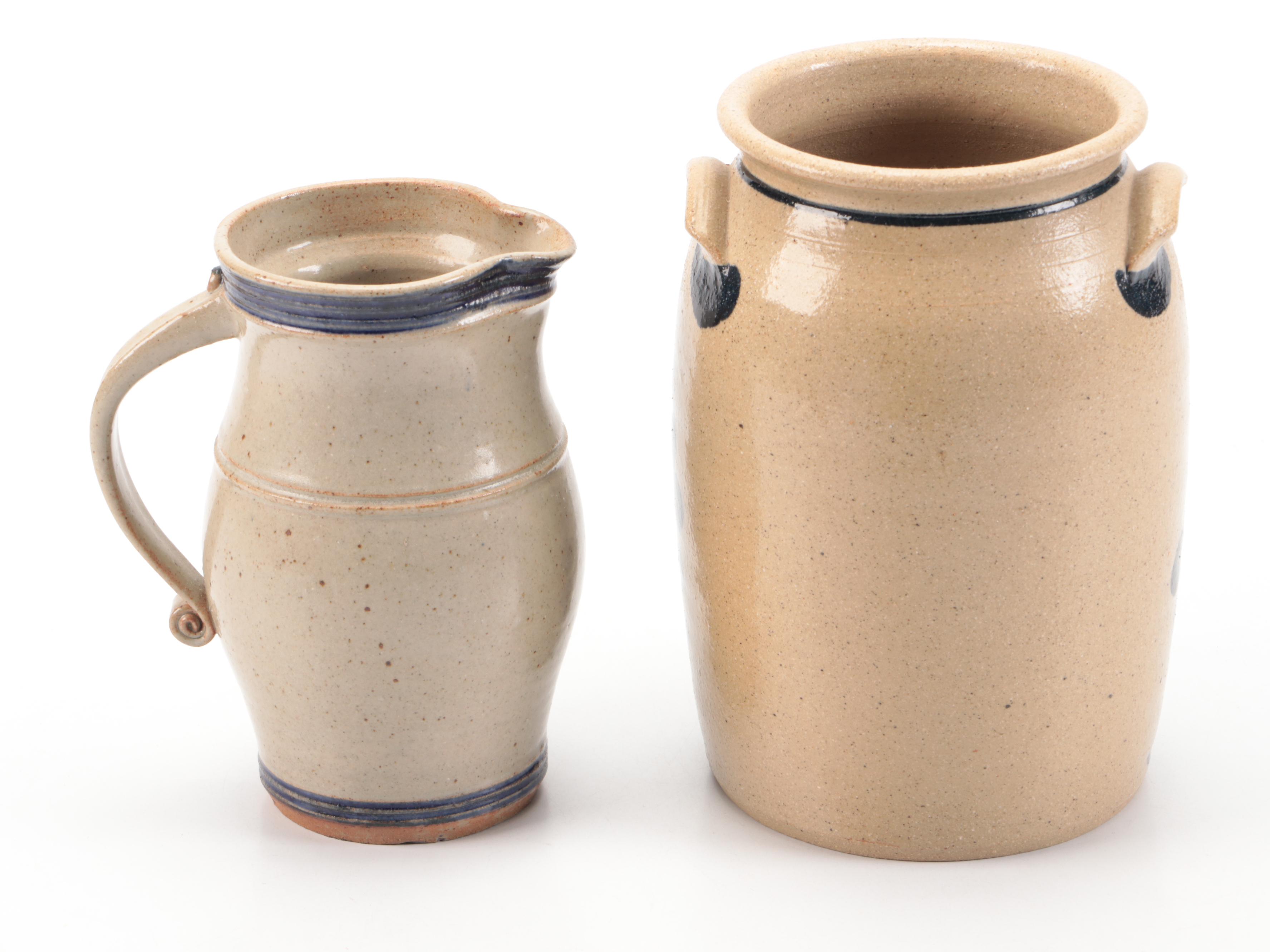 Pennsylvania Salt Glazed Stoneware Crock and Pitcher with Cobalt Designs