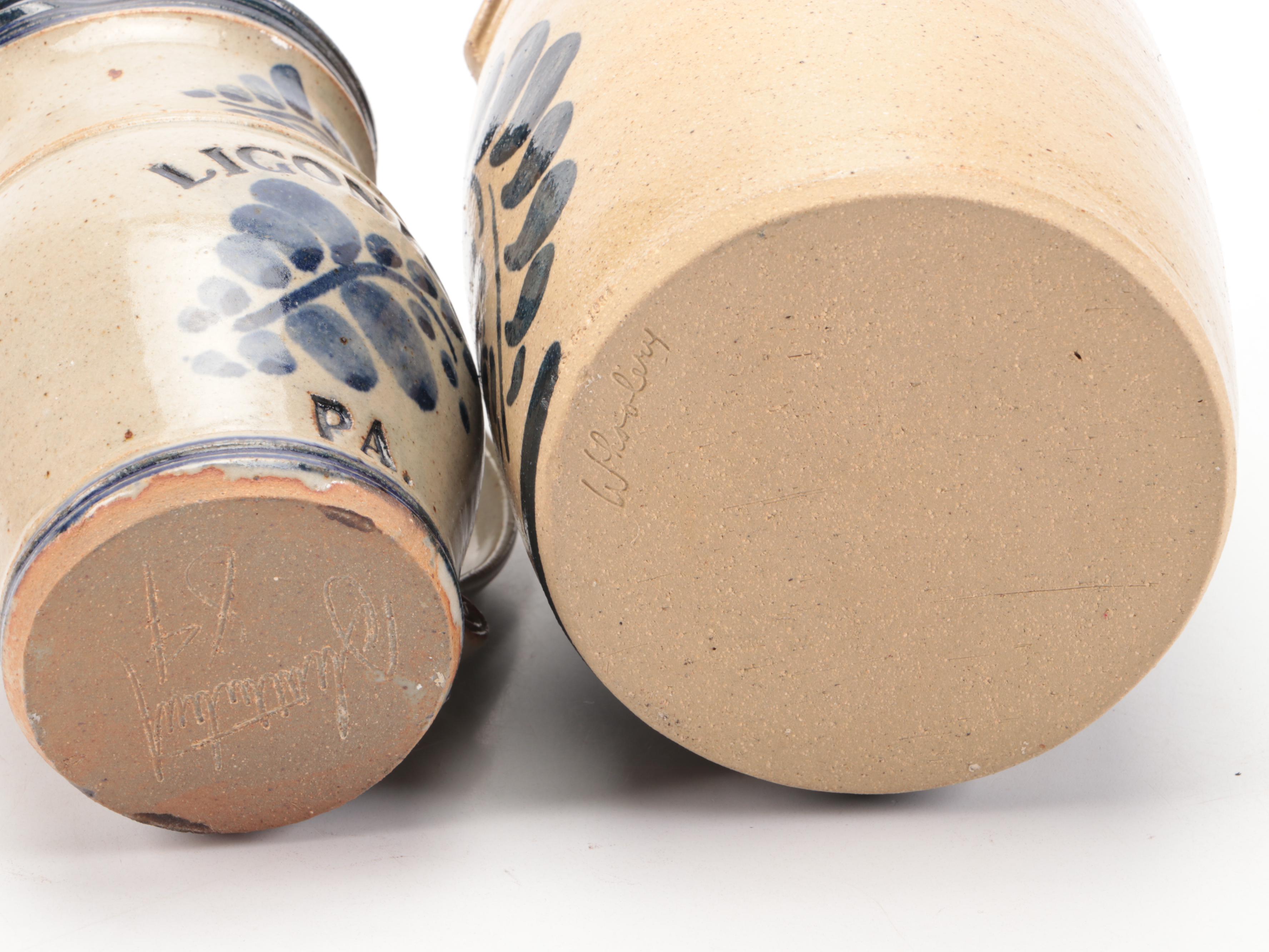 Pennsylvania Salt Glazed Stoneware Crock and Pitcher with Cobalt Designs