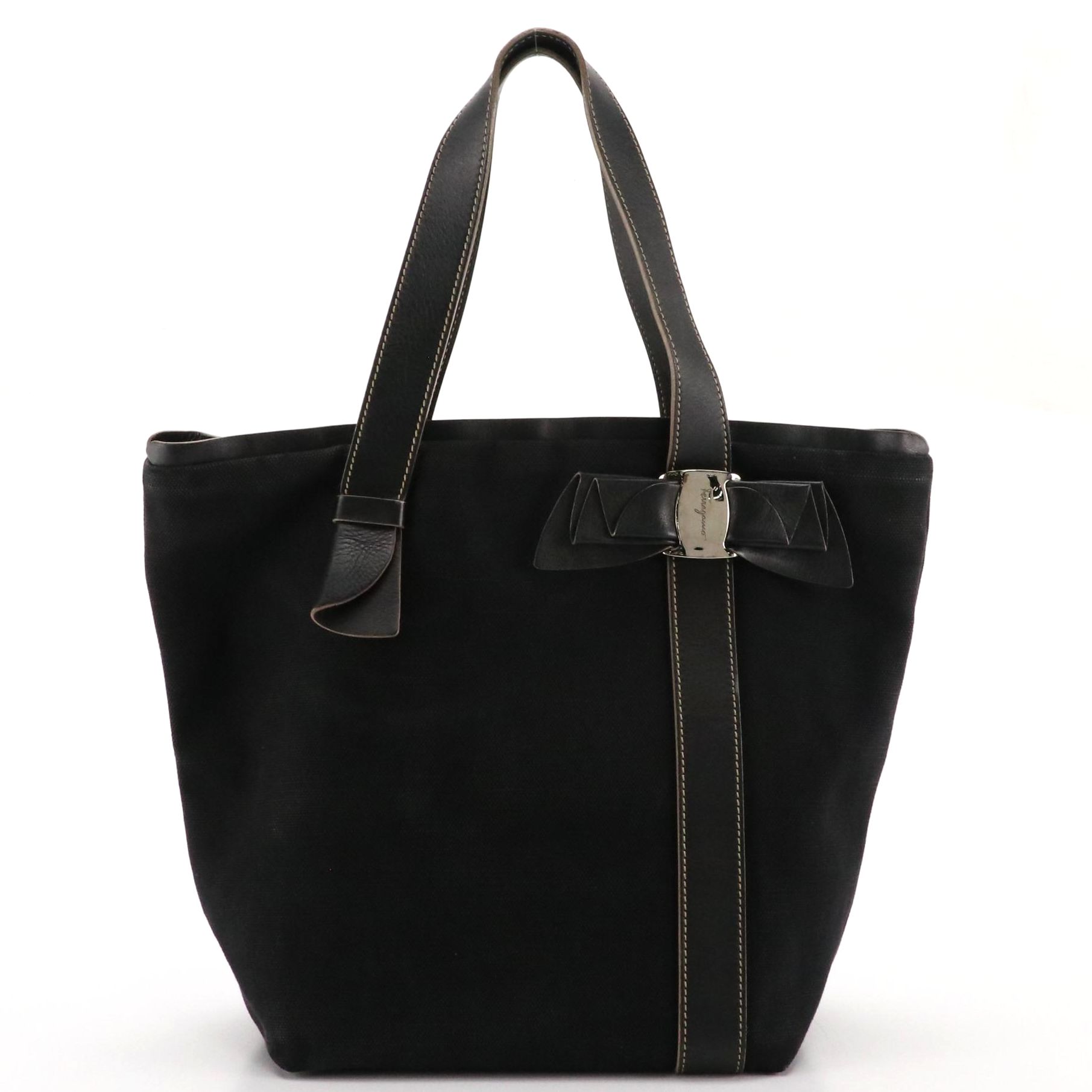 Salvatore Ferragamo Ruffled Vara Bow Tote in Black Canvas and Leather Trim