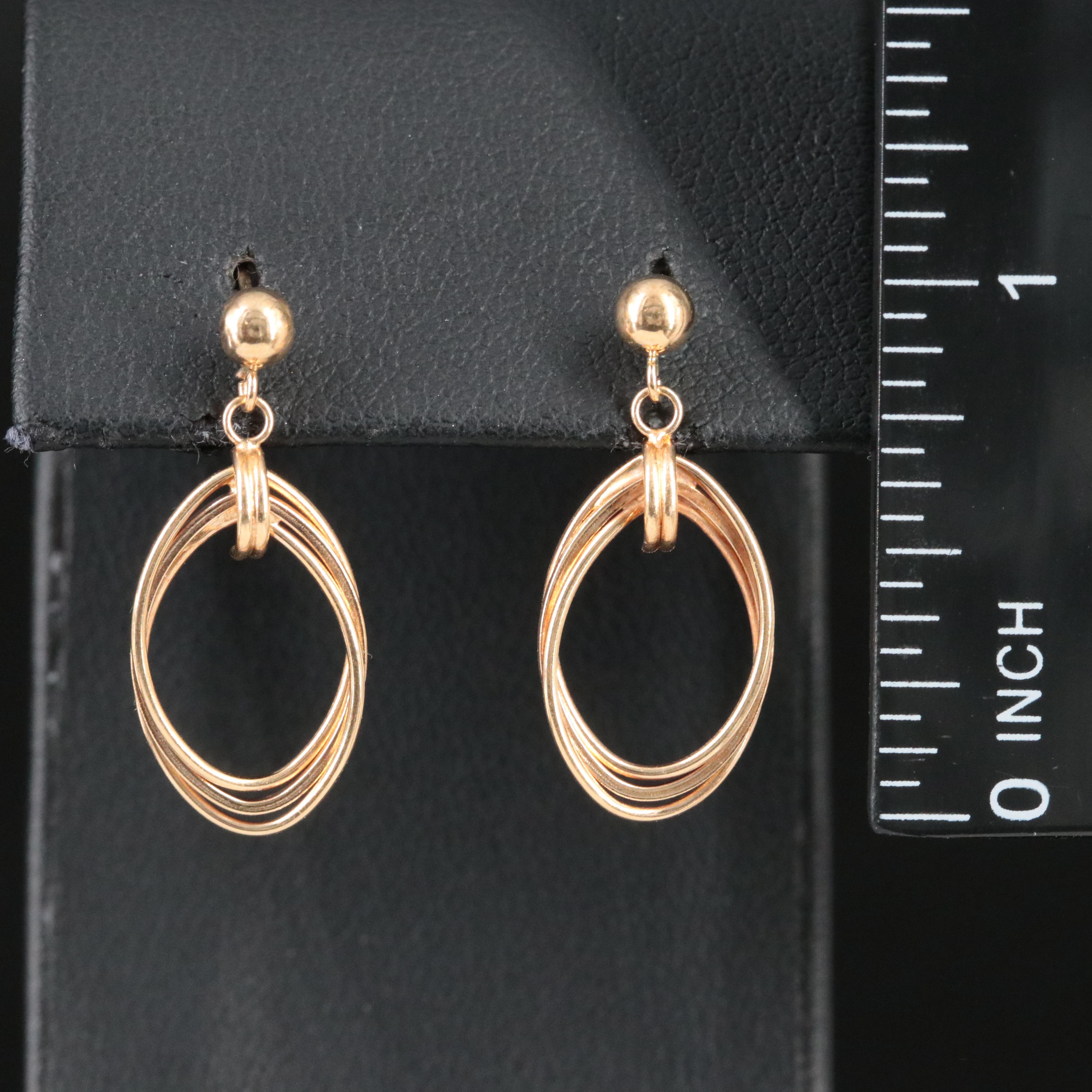 14K Triple Ring Oval Drop Earrings