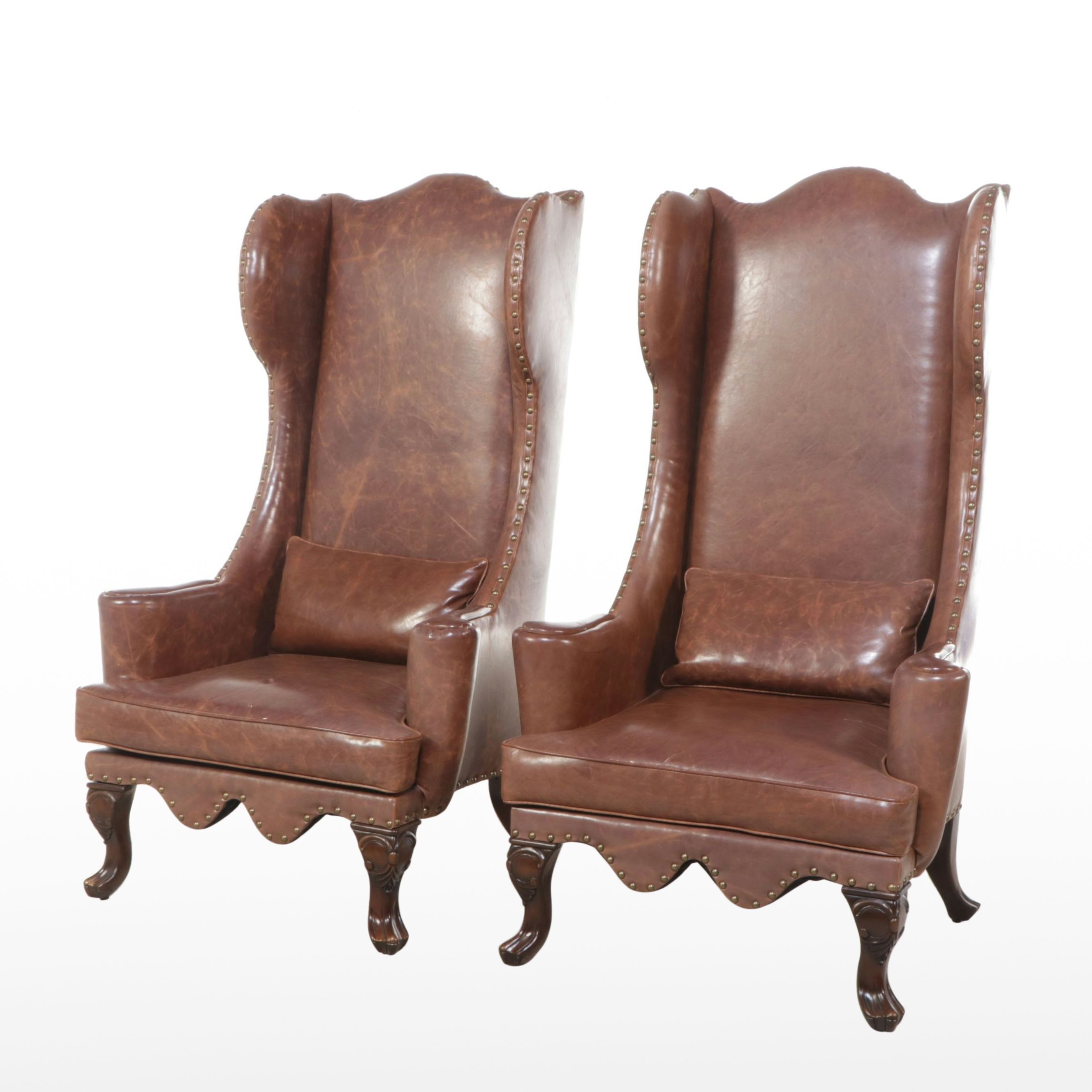 Pair of Wingback Faux Leather Armchair with Nailhead Trim