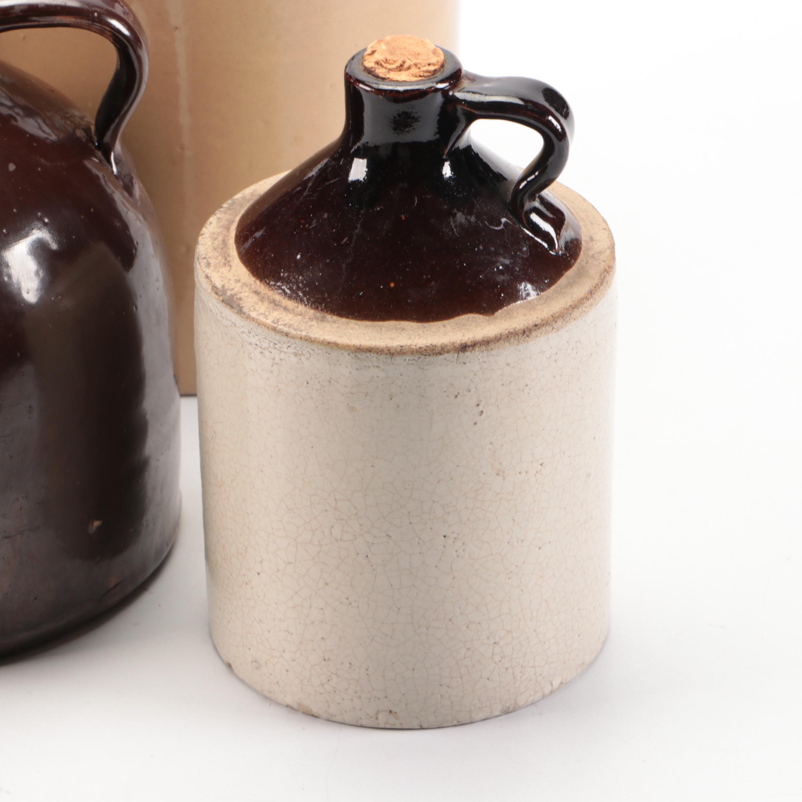 J. Fisher Brown Stoneware Jug with Other Dip Glaze Jugs, 20th Century