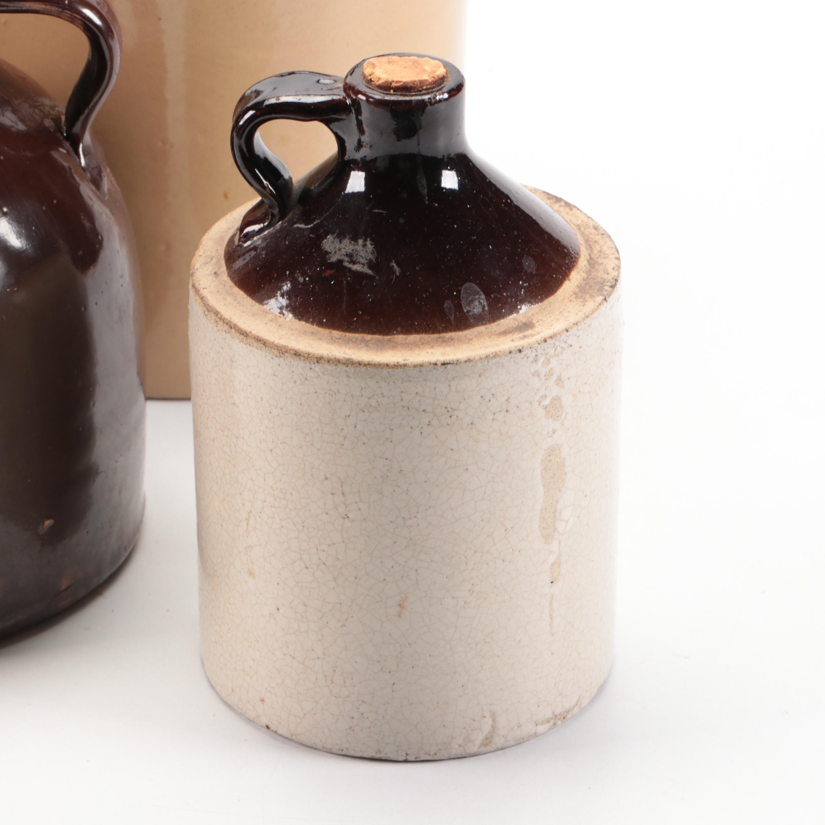J. Fisher Brown Stoneware Jug with Other Dip Glaze Jugs, 20th Century