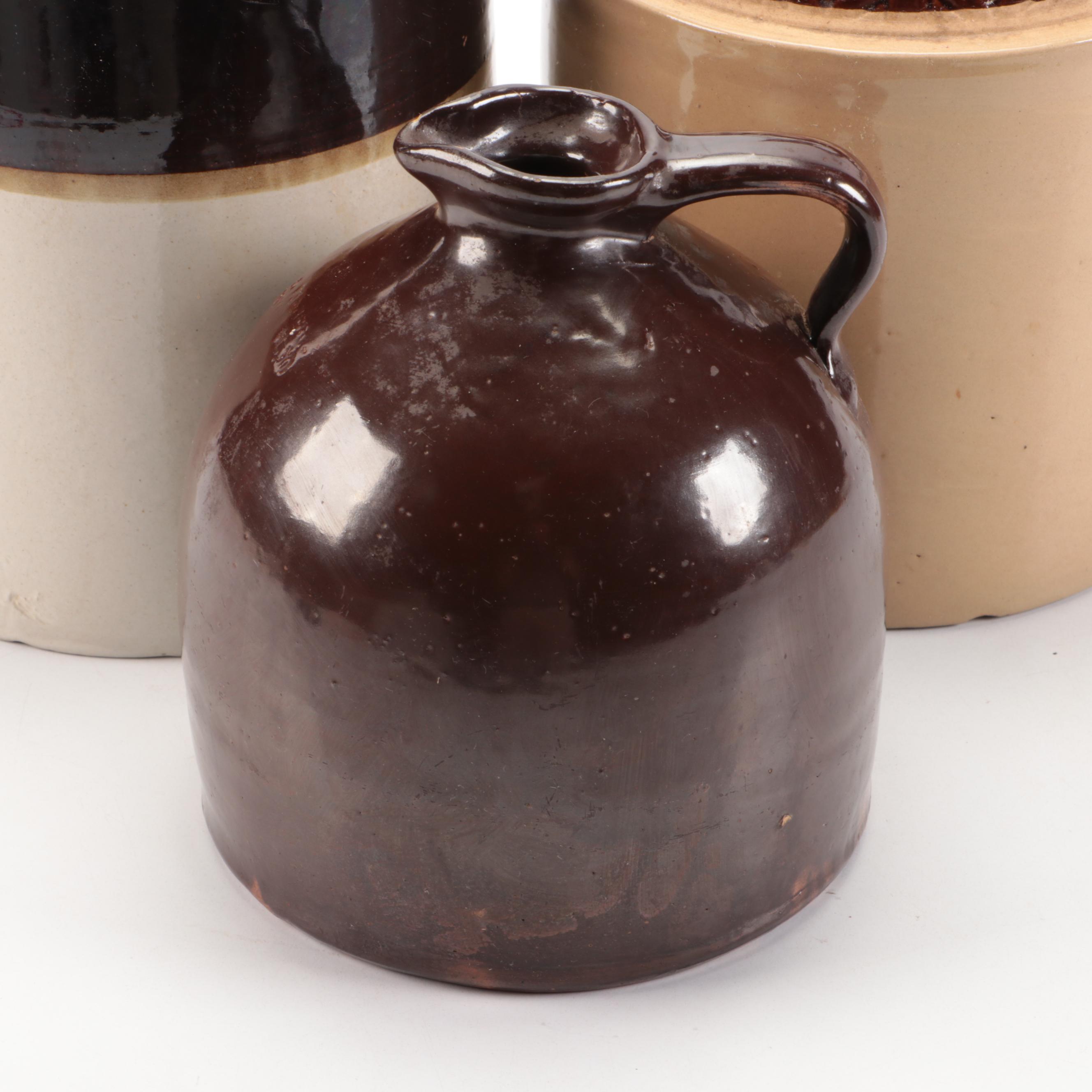 J. Fisher Brown Stoneware Jug with Other Dip Glaze Jugs, 20th Century