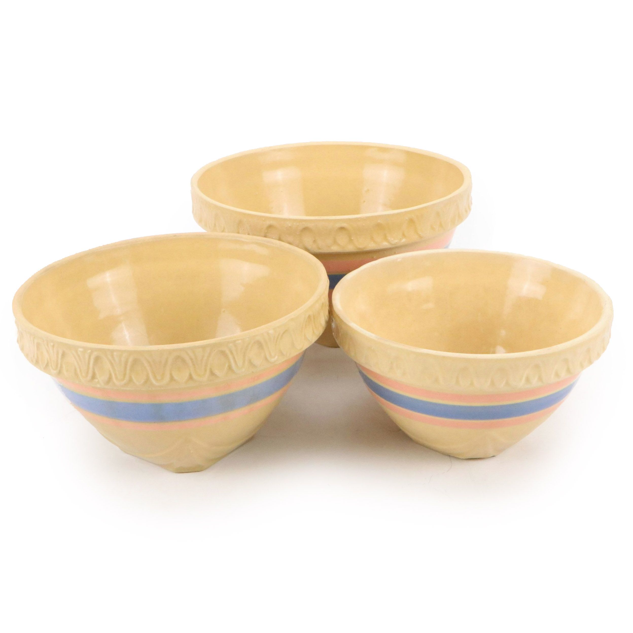 American Blue and Pink Banded Yellowware Mixing Bowls, 20th Century