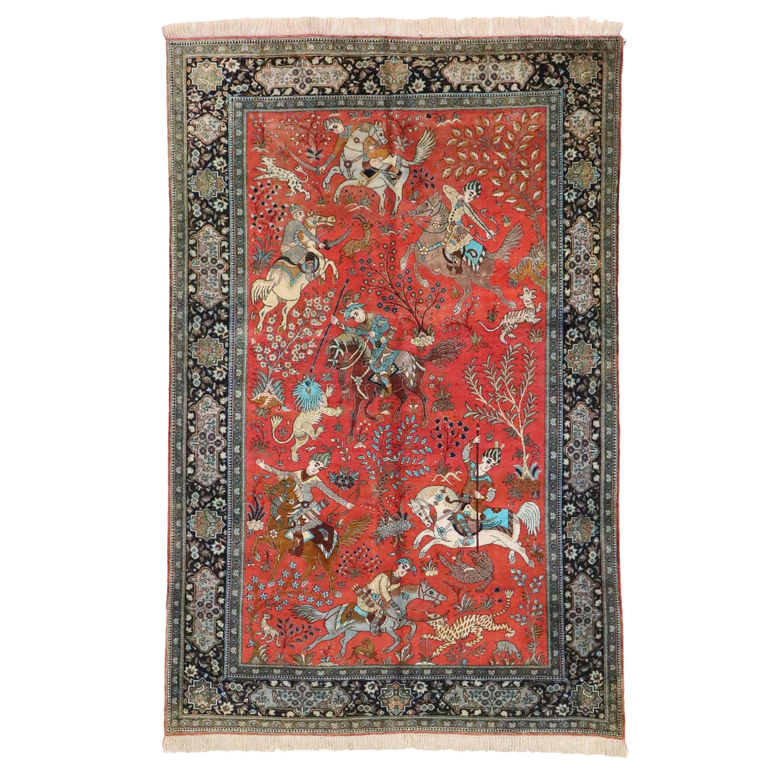 4'9 x 7'8 Hand-Knotted Persian Silk Pictorial Hunt Scene Area Rug