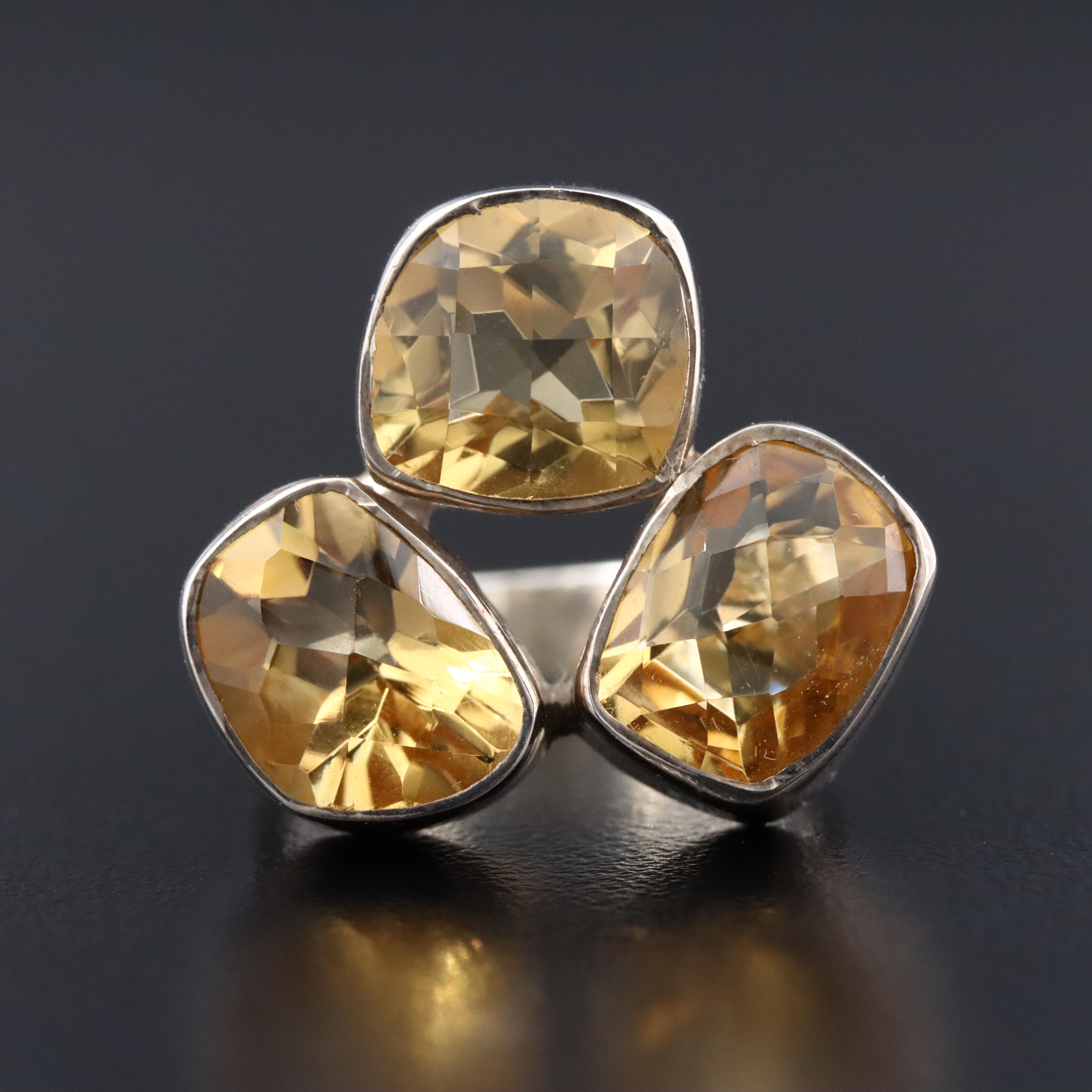 Sterling Citrine Three-Stone Ring