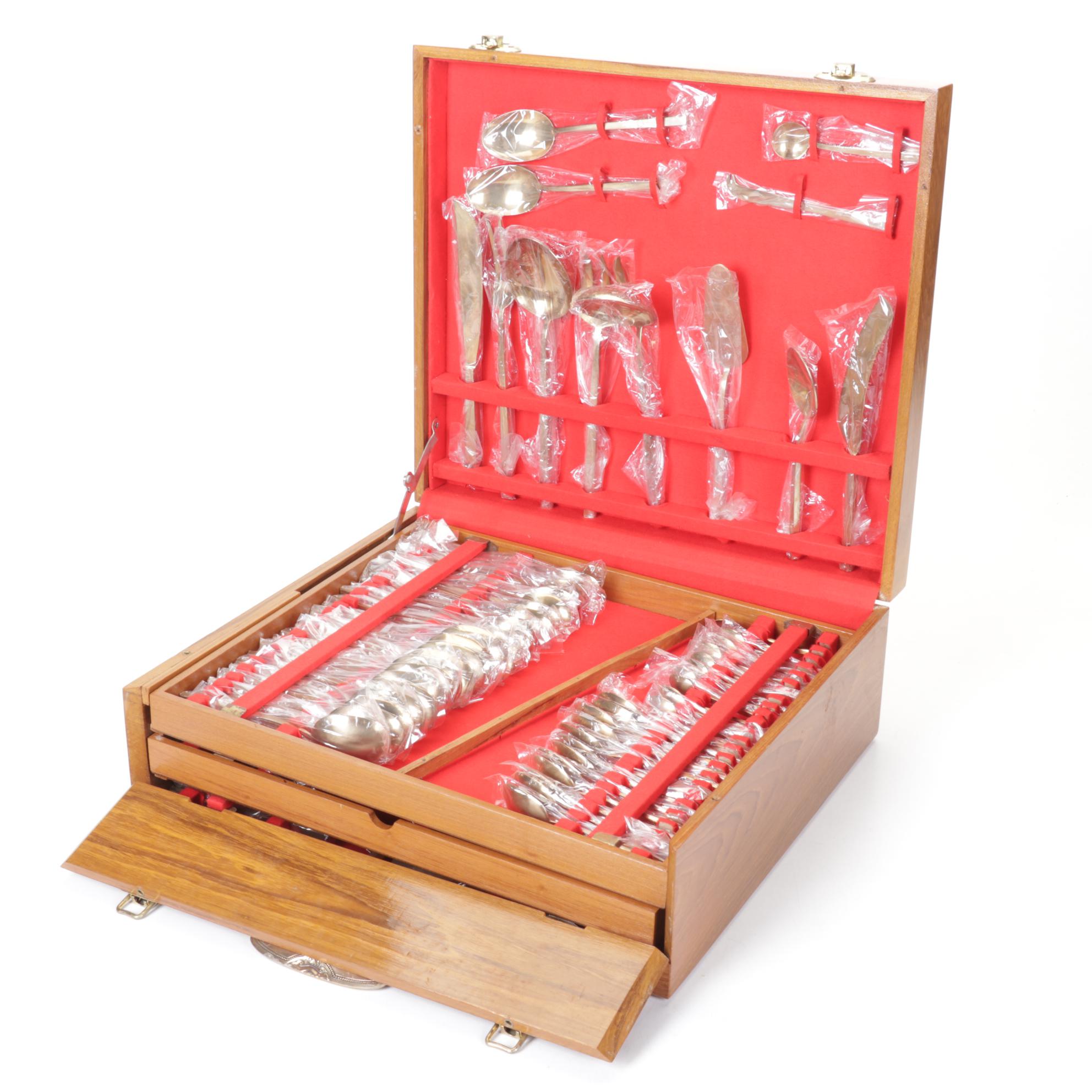 Thai Modernist Brass Flatware Service for Twelve in Teak Case