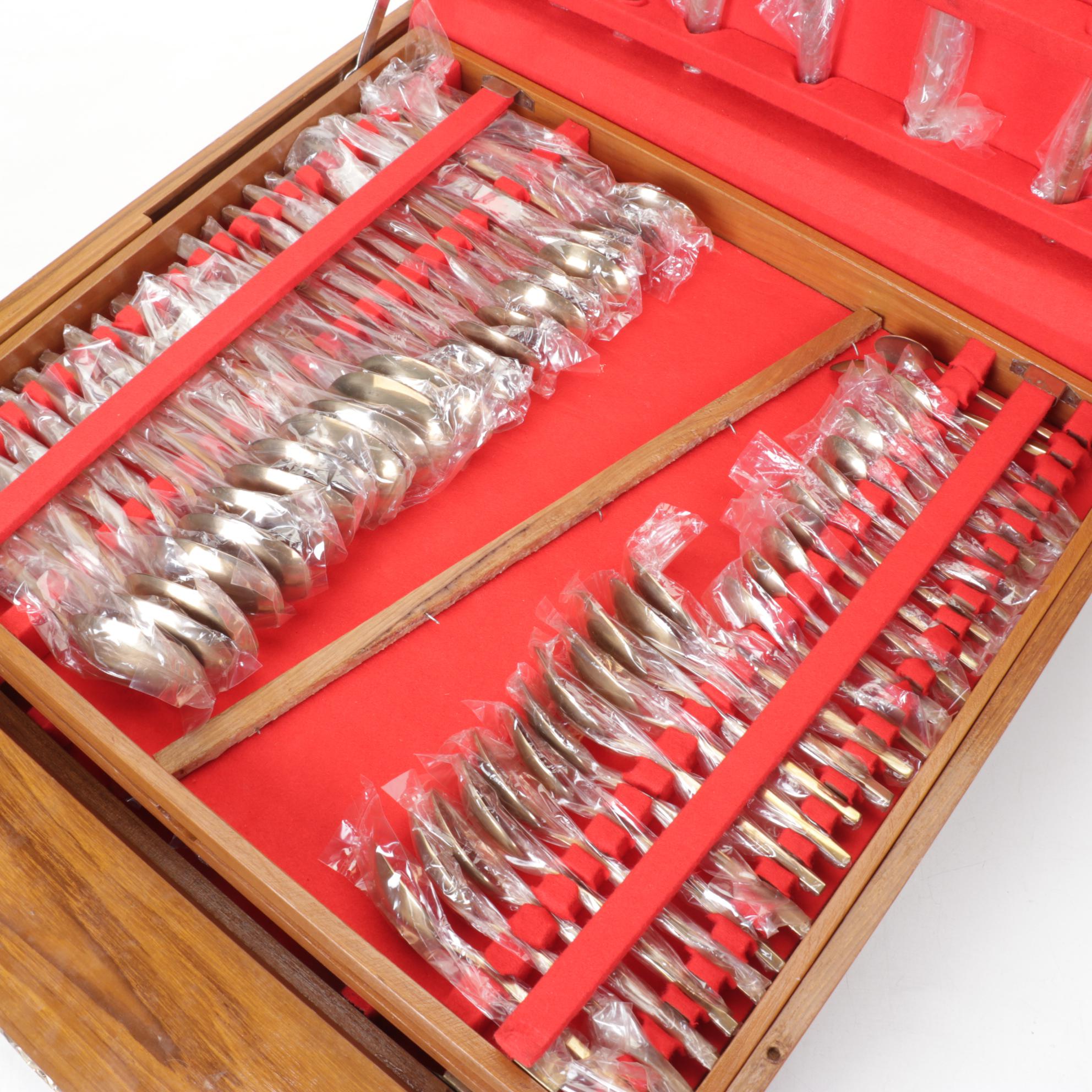 Thai Modernist Brass Flatware Service for Twelve in Teak Case