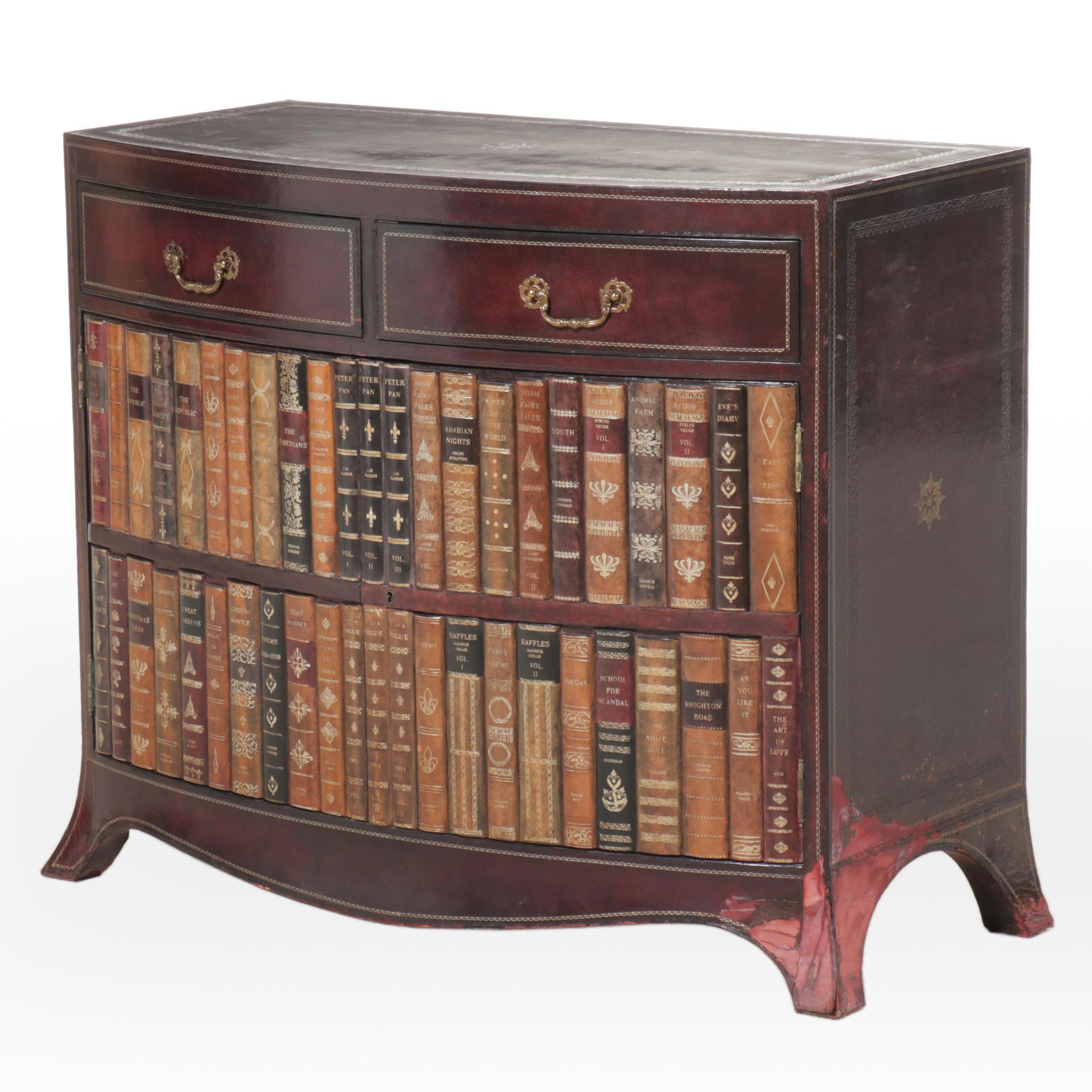 Regency Style Tooled Leather Faux Bookcase Front Cabinet